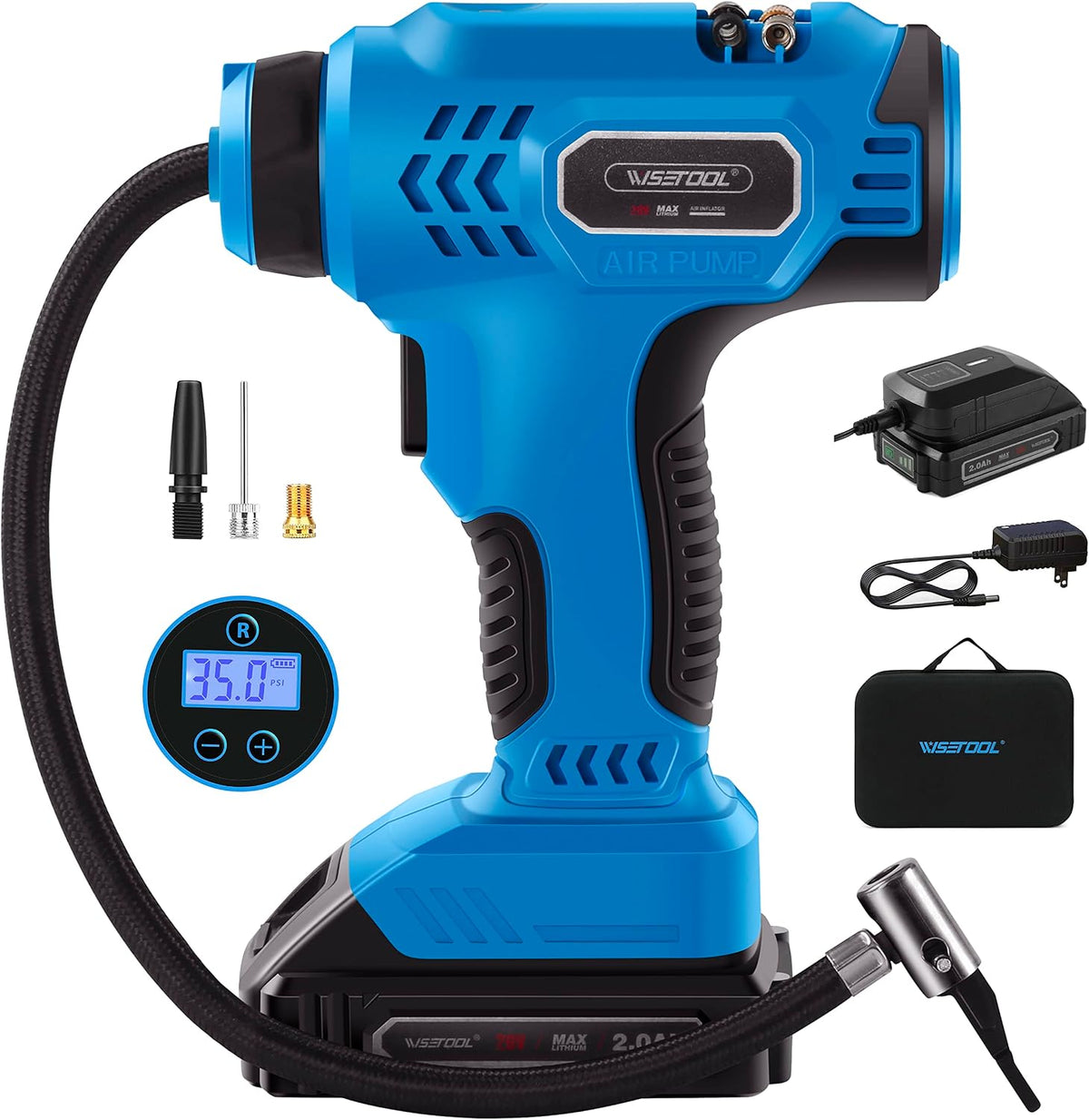WISETOOL Cordless Tire Inflator Air Compressor,20V Battery Powered Car Tire Pump with Digital Pressure Gauge,150PSI Portable Handheld Air Pump for Car Tires,Bikes,Motorcycles,Ball
