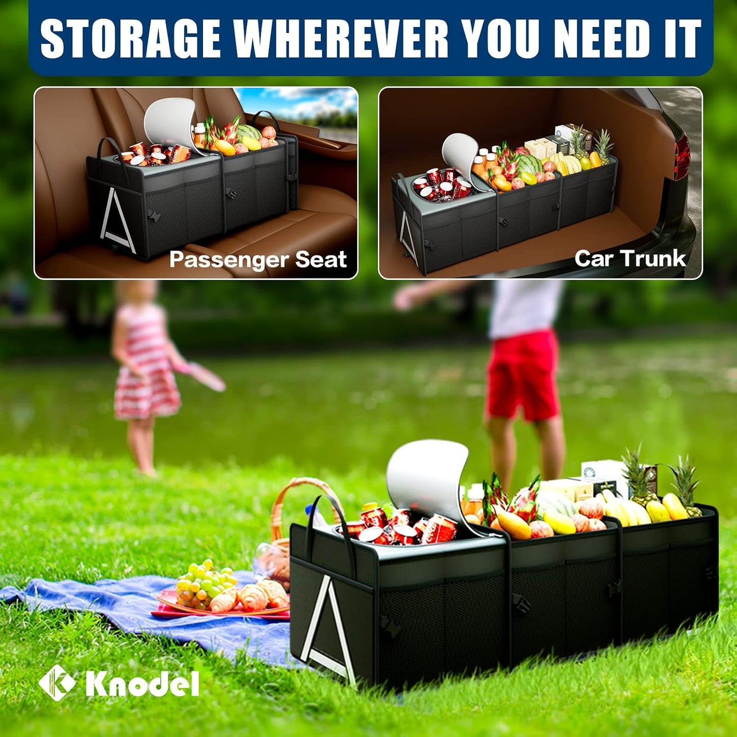 K KNODEL Sturdy Car Trunk Organizer with Premium Insulation Cooler Bag, 3 Compartments Heavy Duty Collapsible for Car, SUV, Truck, or Van (Large, Black)