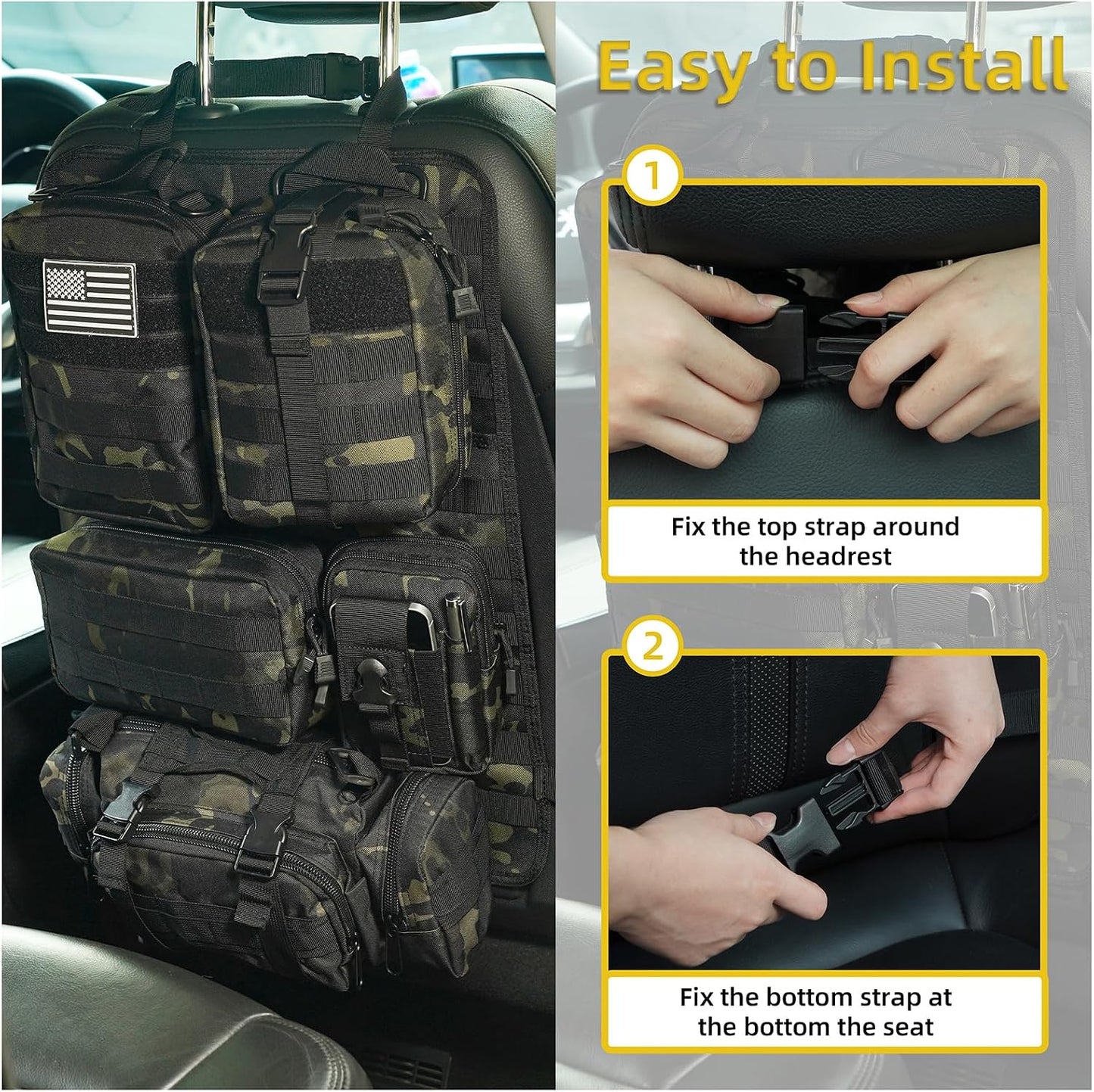 Tactical Car Seat Back Organizer,Tactical Molle Seat Back Organizer with 6 Detachable Molle Pouch,Universal Fits for Car Truck Jeep Vehicle