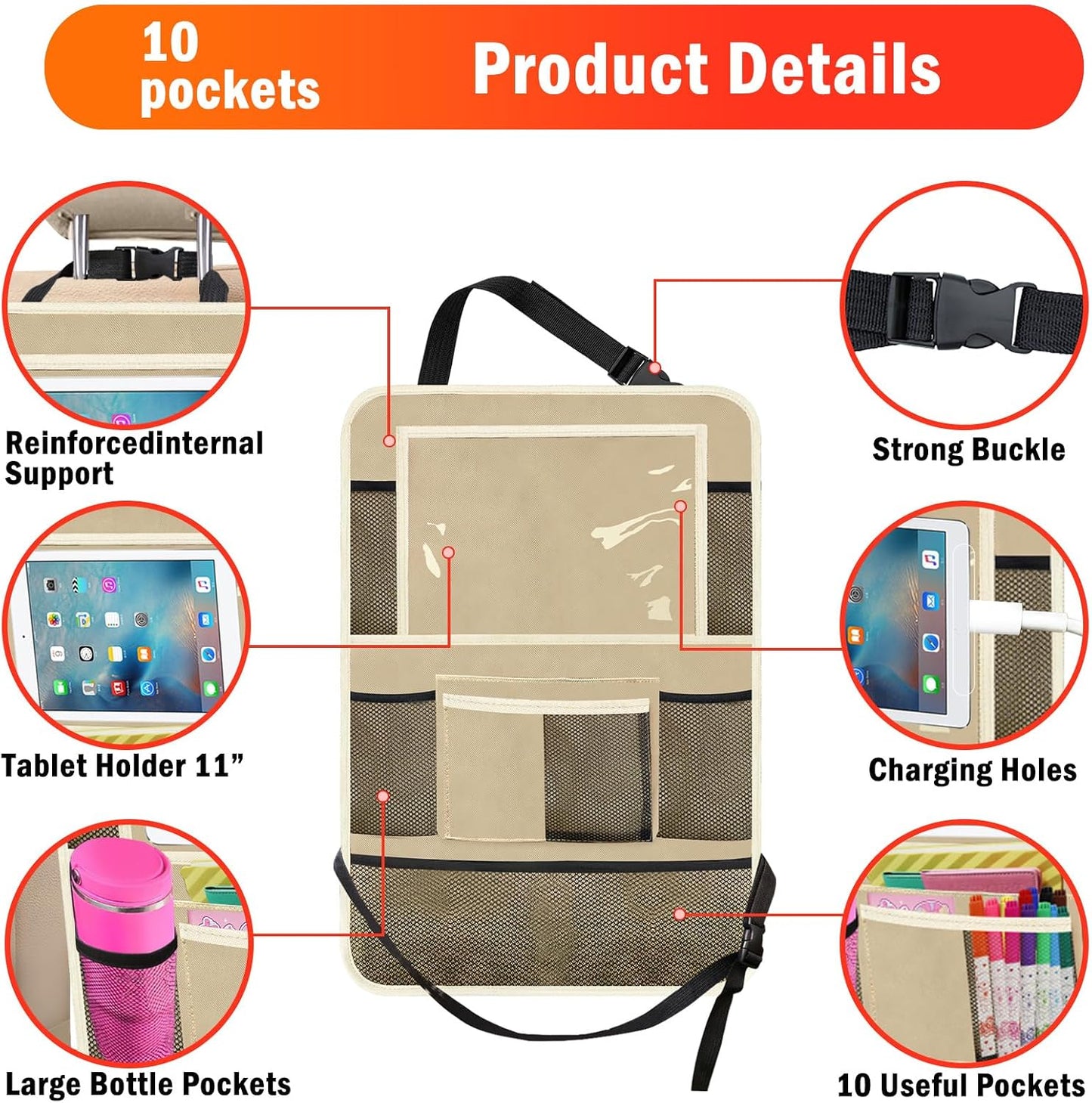 Car Backseat Organizer ，2 Pack Car Organizer Back Seat with 11" Tablet Holder, 10 Storage Pockets Seat Back Protectors Kick Mats for Kids Toddlers, Travel Accessories (Beige)