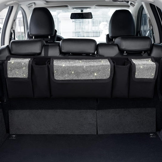 eing Car Trunk Organizer and Storage, Backseat Hanging Organizer for SUV, Truck, MPV, Waterproof, Collapsible Cargo Storage Bag with 5 Pockets, Bling Car Interior Accessories for Women,White
