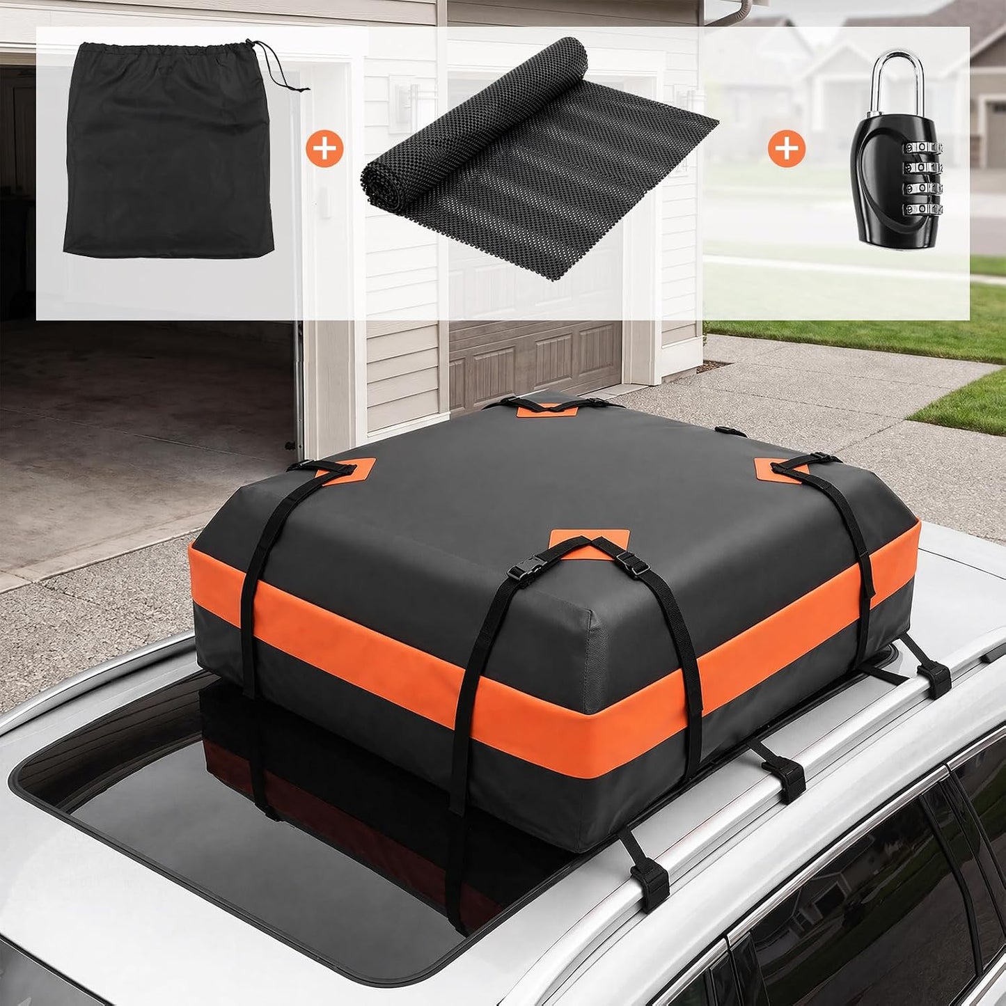 15 Cubic Feet Heavy Duty Waterproof Car Rooftop Cargo Carrier Bag | for All Vehicles with/without Rack, Includes Anti-Slip Mat, Reinforced Straps, Door Hooks, Storage &amp; Luggage Lock