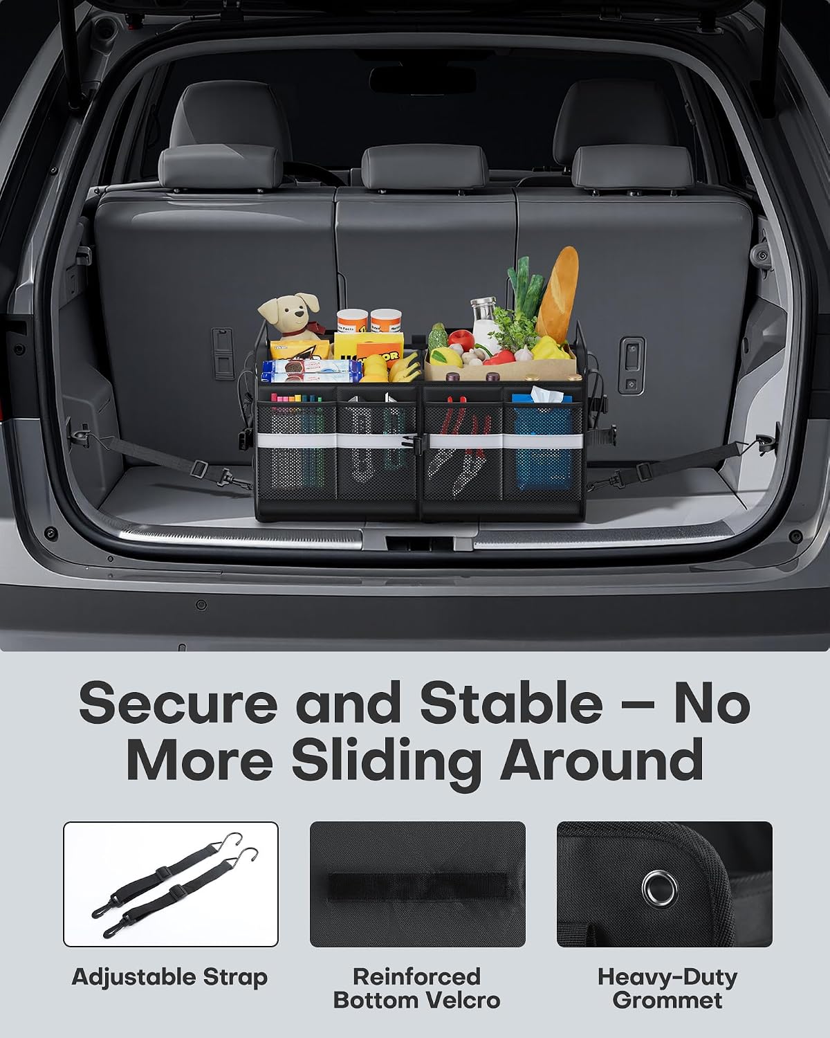 HOTOR Trunk Organizer for SUV – Car Storage Box with Reflective Strips, Collapsible Car Organizer with Large Capacity, Essential Car Accessories for Truck, Van & Sedan, Black, 22.1" x 13.0" x 12.0"