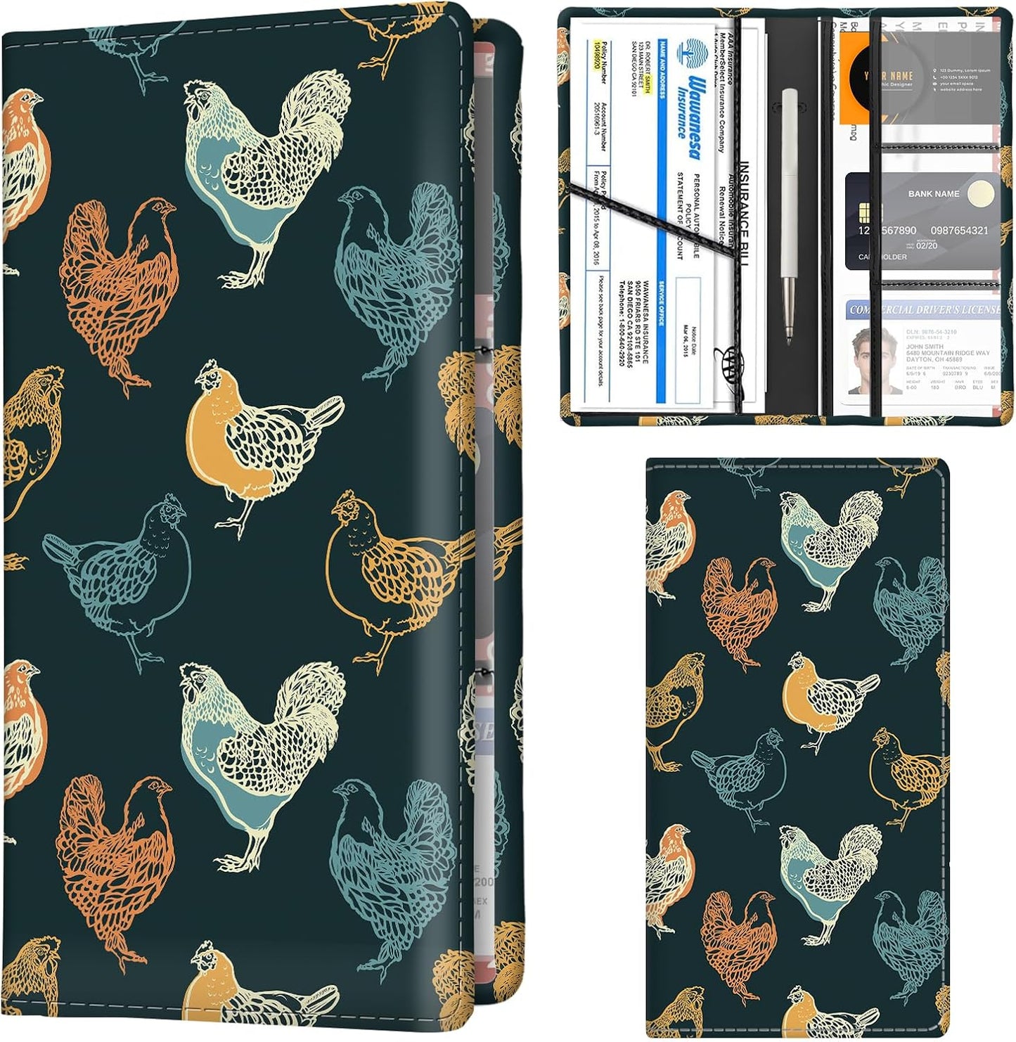 Car Registration and Insurance Holder with Magnetic Shut, Cute Vehicle Glove Box Car Organizer, Premium Interior Car Accessories for Women Men Boho Chicken Cute