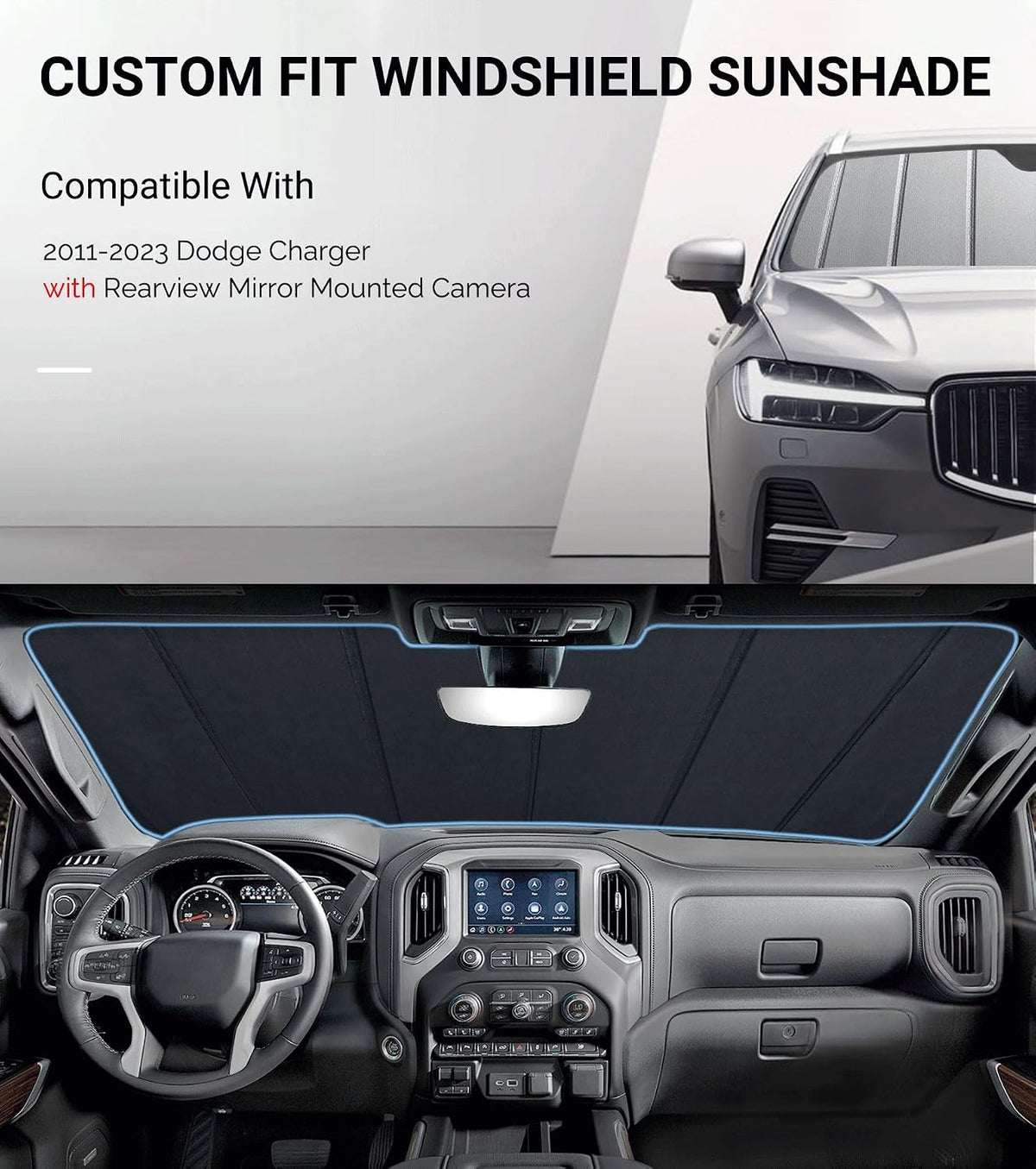 Pigenius Windshield Sun Shade for Dodge Charger 2011-2023 with Rearview Mirror Mounted Camera - Safeguard