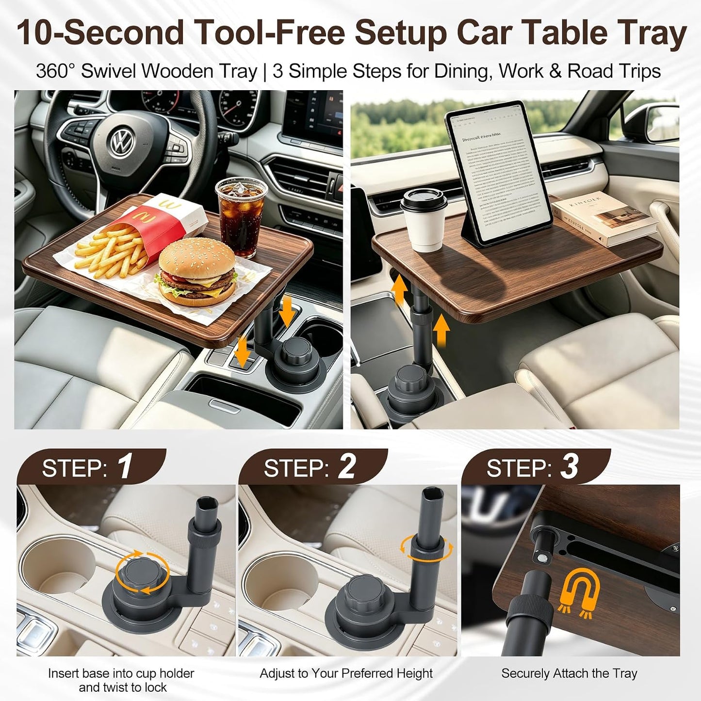 Car Desk for Laptop & Dining, 360° Swivel Height Adjustable Cup Holder Tray | Tool-Free Car Food Tray, Heat-Resistant Wood Tabletop, Fits 2.75–3.85" Cup Holders for Cars, SUVs, Trucks & Road Trips