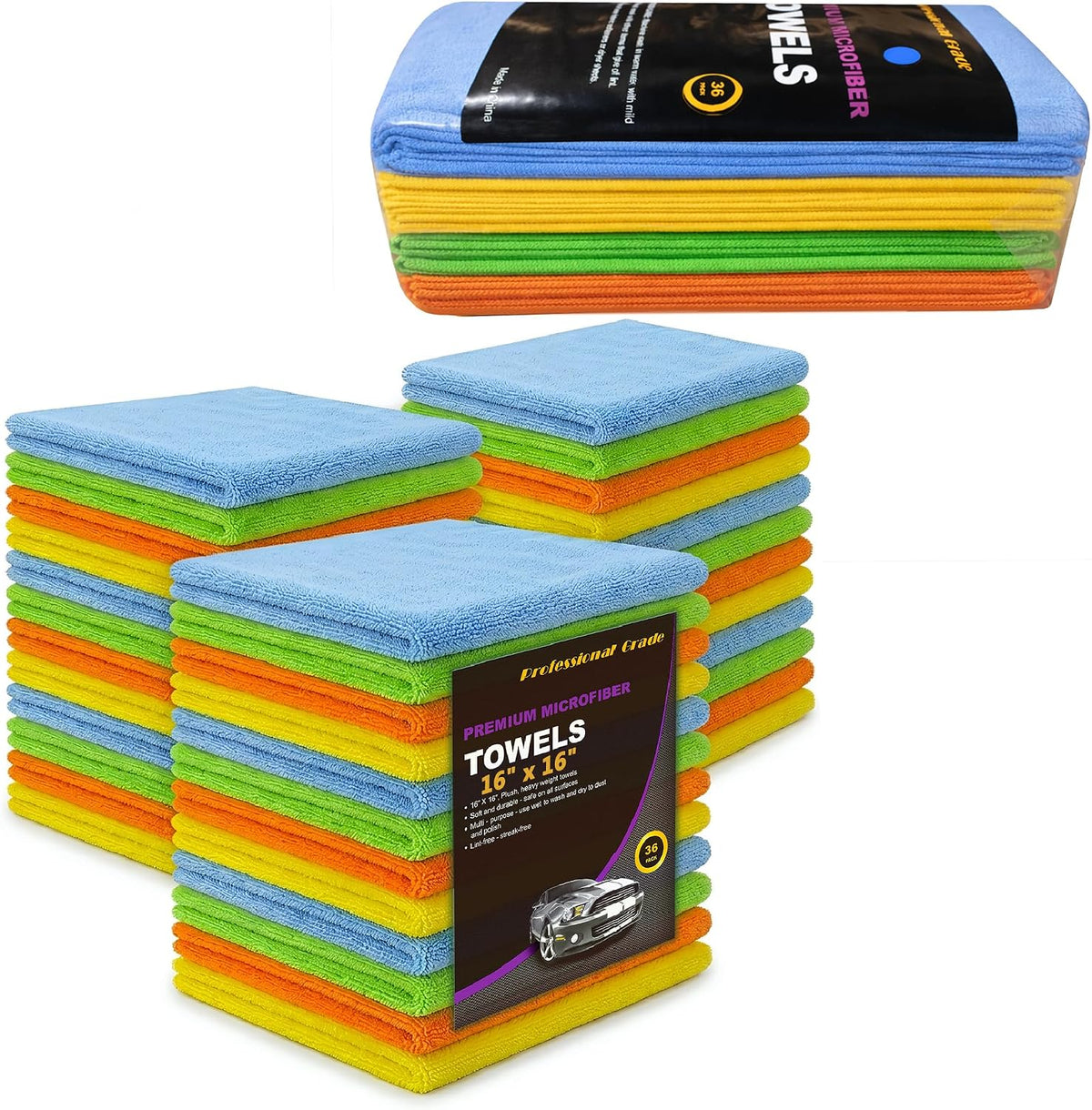 Assorted Color Microfiber Towels - 36-Pack, Dual-Sided Ultra Soft Plush Washcloth, Professional Grade Premium Microfiber Detailing Cleaning Cloths, Car, Household and Commercial (Mix Color, 16" x 16")