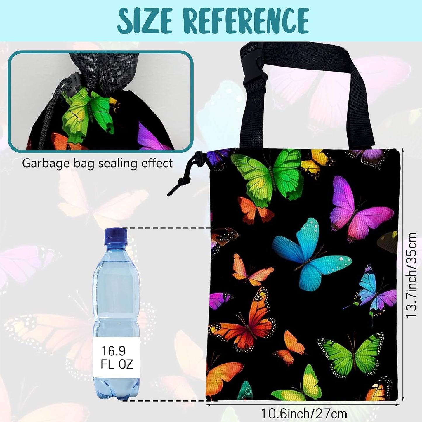 Car Garbage Bag Colorful Butterflies Drawstring Car Trash Bag Hanging for Back Seat with Adjustable Buckle Canvas Vehicle Trash Can Easy-to-Install