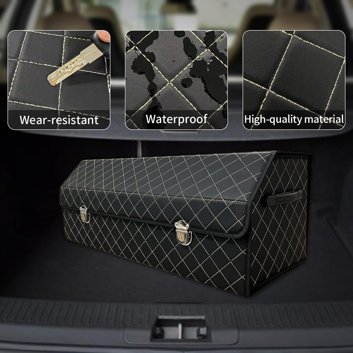 Car Trunk Organizer with Lid,Foldable Faux Leather Cargo Storage Box,3 Compartments,Collapsible Multi-Functional for SUV,Sedan,Vehicle Trunk