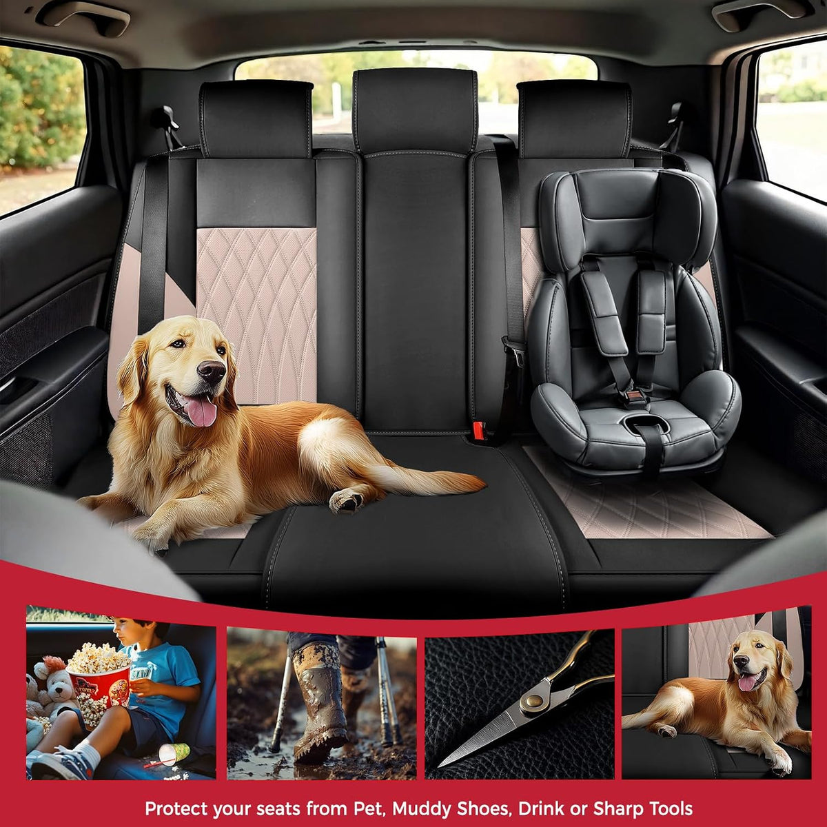 FREESOO Car Seat Covers Full Set Faux Leather Universal Fit Black Beige