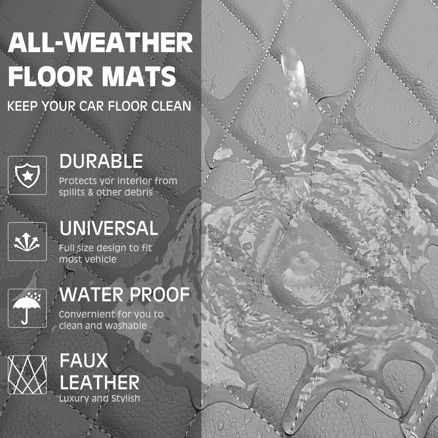 CAR PASS Luxury Faux Leather Floor Mats for Cars, Waterproof All Weather Car Mats Full Set, Anti-Slip Deluxe Automotive Floor Mats Universal Fit for Most SUV,Vans,Sedans,Trucks, 4 Piece Gray