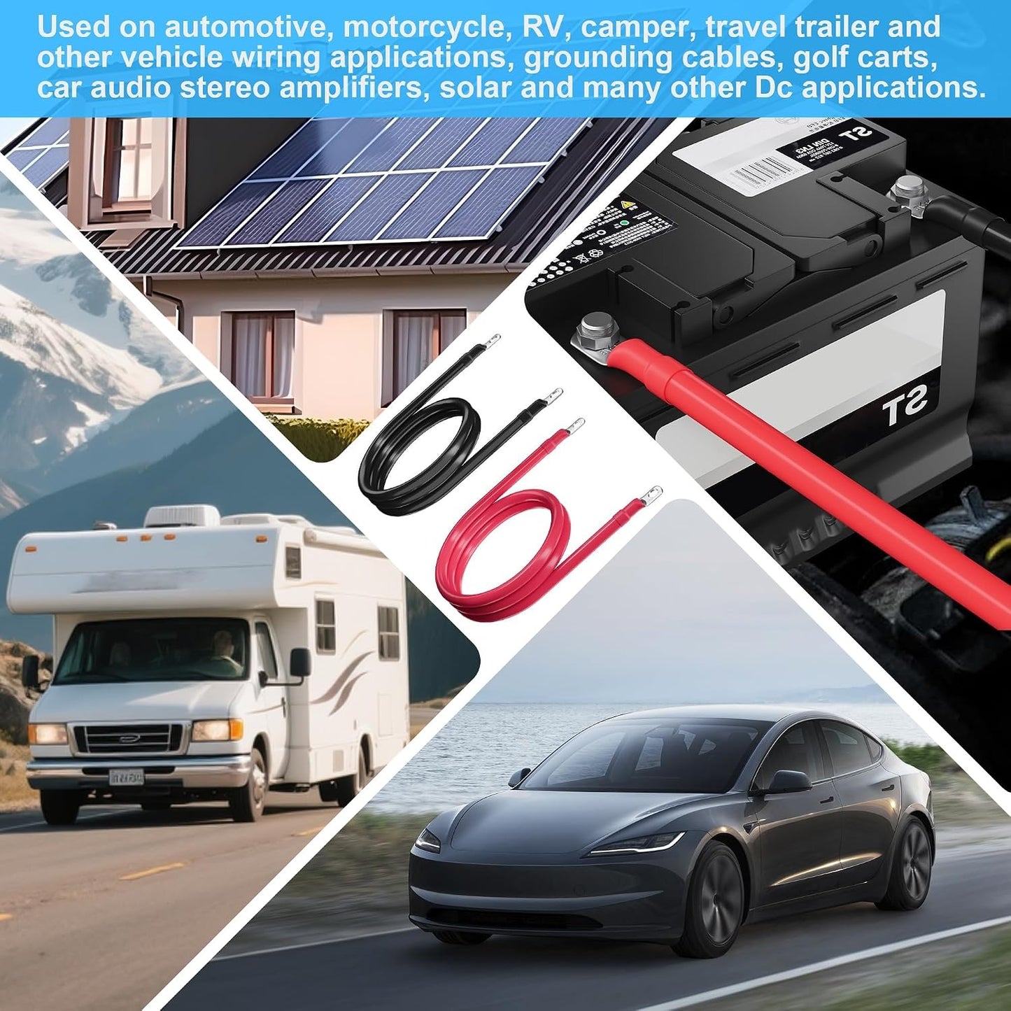 8 Gauge AWG Battery Power Inverter Cables 6 Ft Black+6 Ft Red, Tinned Copper Wire Set with 3/8 in Lugs Both Ends, Heavy Duty for Automotive Solar Marine Boat RV Car Motorcycle-UL-Outdoor