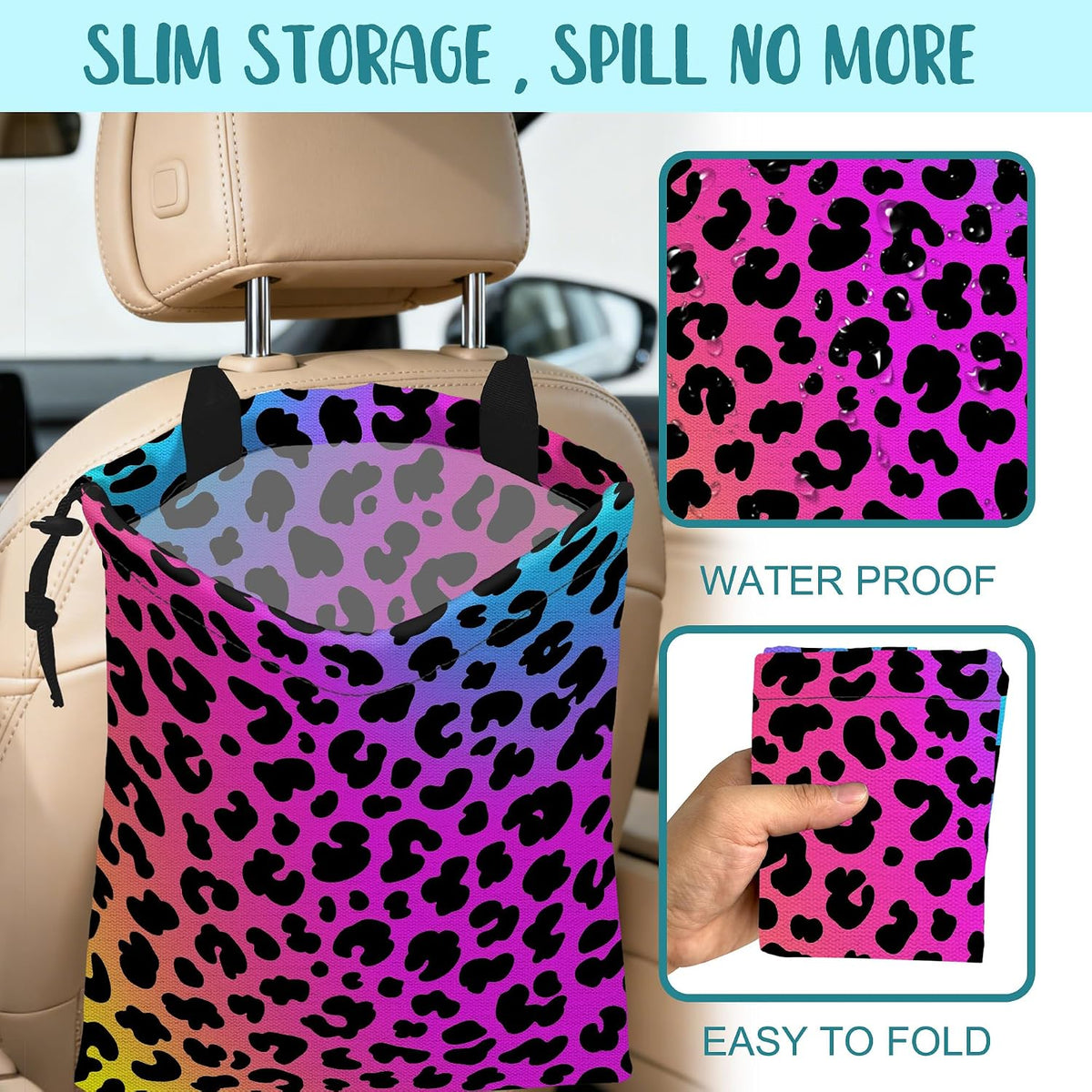 Car Garbage Bag Rainbow Cheetah Leopard Print Drawstring Car Trash Bag Hanging for Back Seat with Adjustable Buckle Canvas Vehicle Trash Can Easy-to-Install