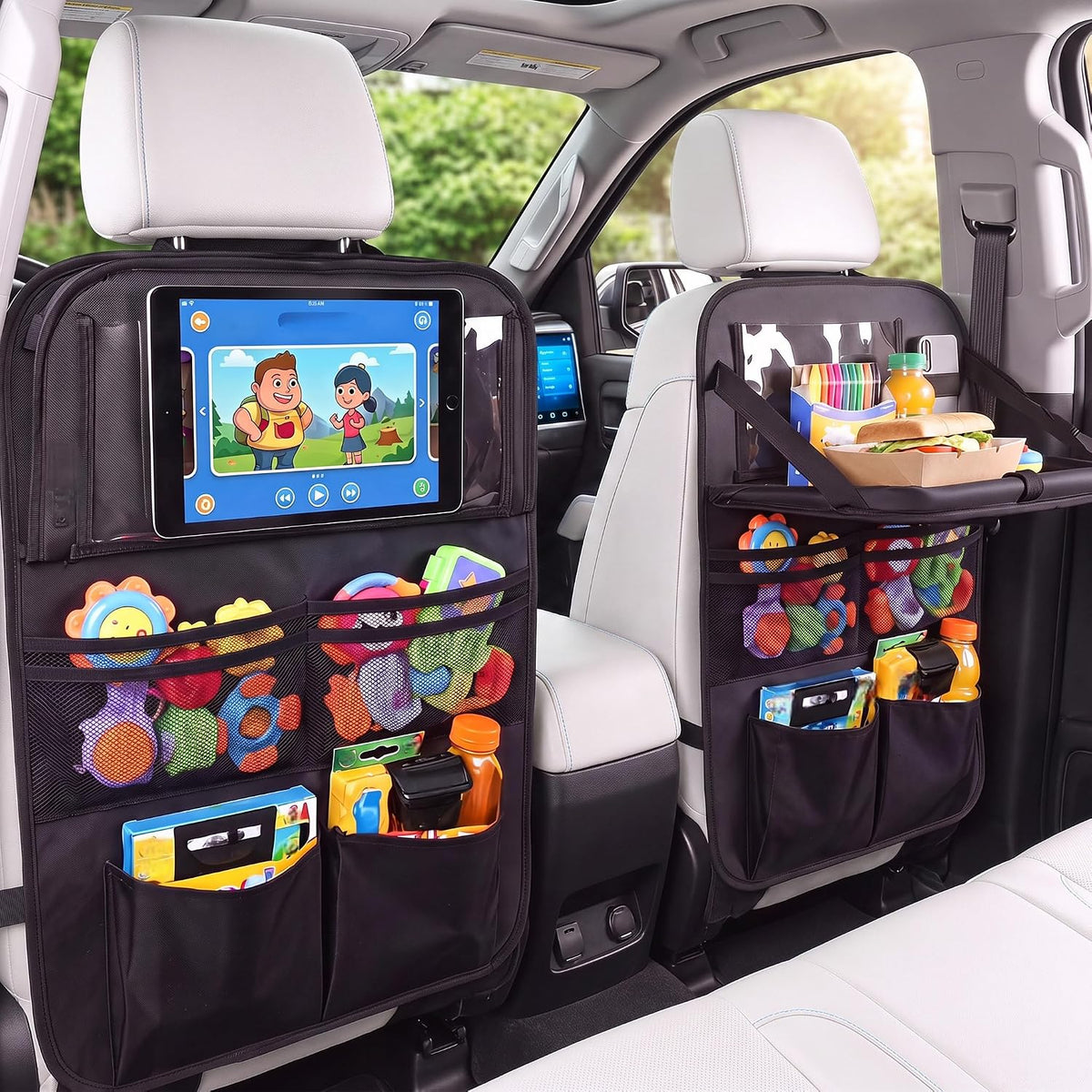 Car Backseat Organizer 1-Pack with Tablet & Storage Tray, Waterproof 600D Oxford Fabric Seat Back Protector, Kick Mats, Adjustable Straps Fit Most Vehicles, Road Trip Essentials for Kids