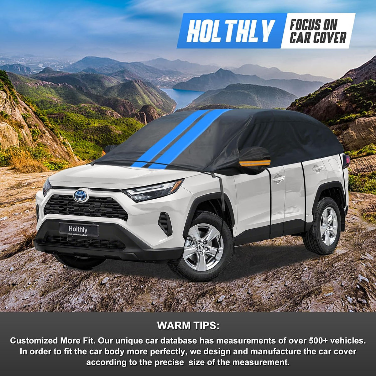 Half Car Cover Top for SUV/Jeep/4×4, Windshield Cover for Ice and Snow, Roof Car Cover Waterproof All Weather with Reflective Strips and Side Elastic Hooks. H4 (Up to 143 inch)