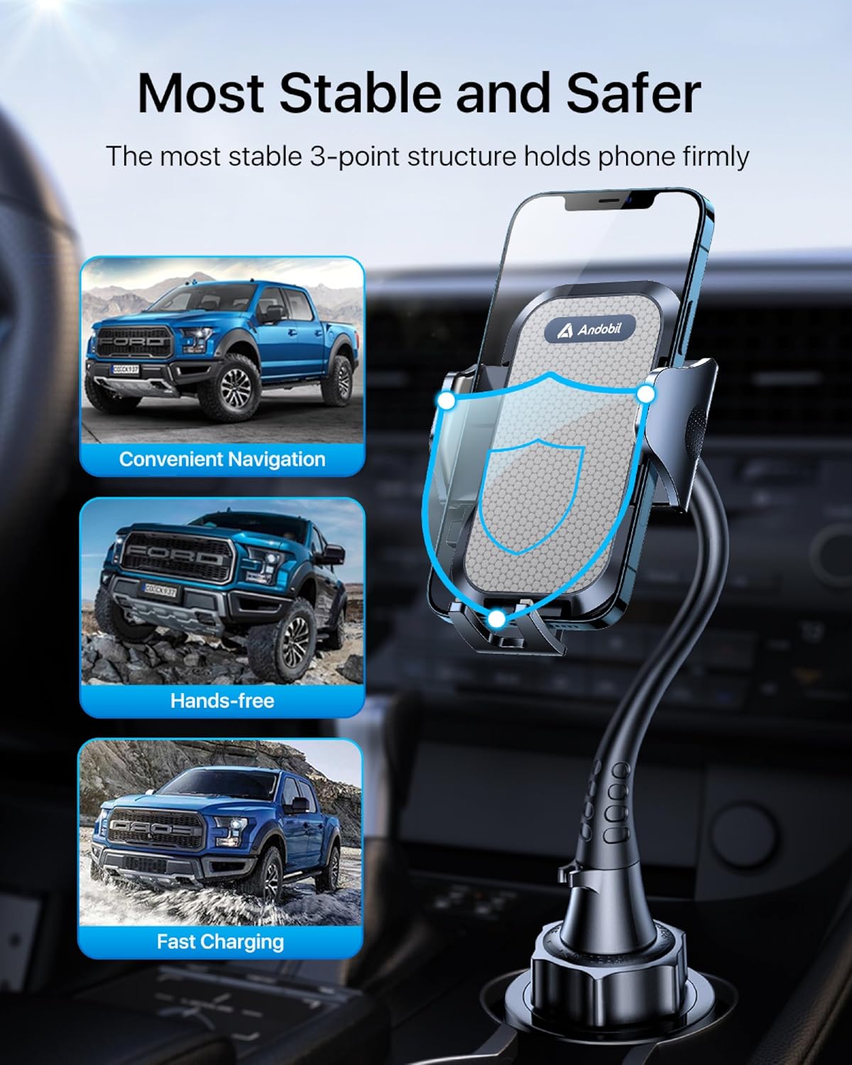 andobil Upgraded, Solidest 15in Cup Phone Holder for Car, Stable & Adjustable, Long Gooseneck Car Phone Holders for Your Car Truck Fit for iPhone 17 Pro Max 16 15 14 13 Pro Max, Grey