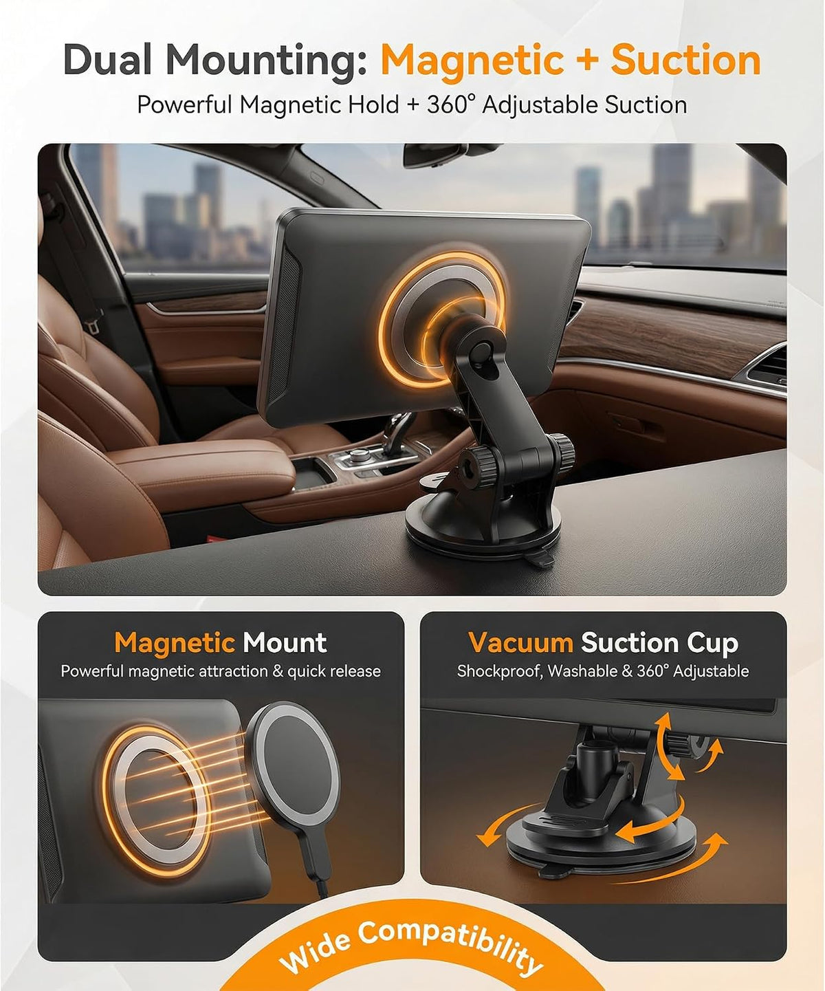 7-Inch HD IPS Portable Carplay Screen for Car, Wireless CarPlay & Android Auto, Bluetooth Music & Call, Wireless Screen Mirroring, CVBS Rearview Camera Compatible with Adjustable Brightness