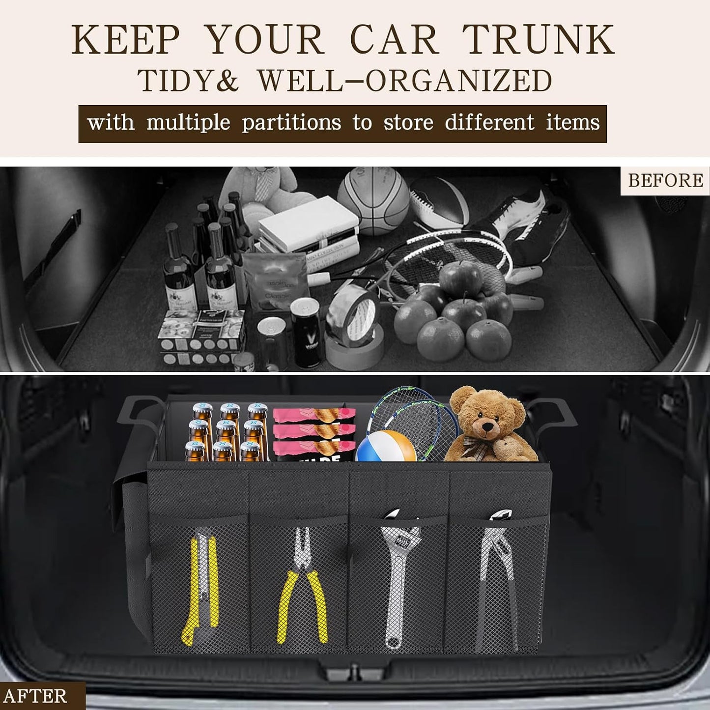 Beicarin Car Trunk Organizer Storage Box - Collapsible Car Boot Organizer Tidy Cargo Storage Box Accessories for SUV, MPV, Van, Size M, Black
