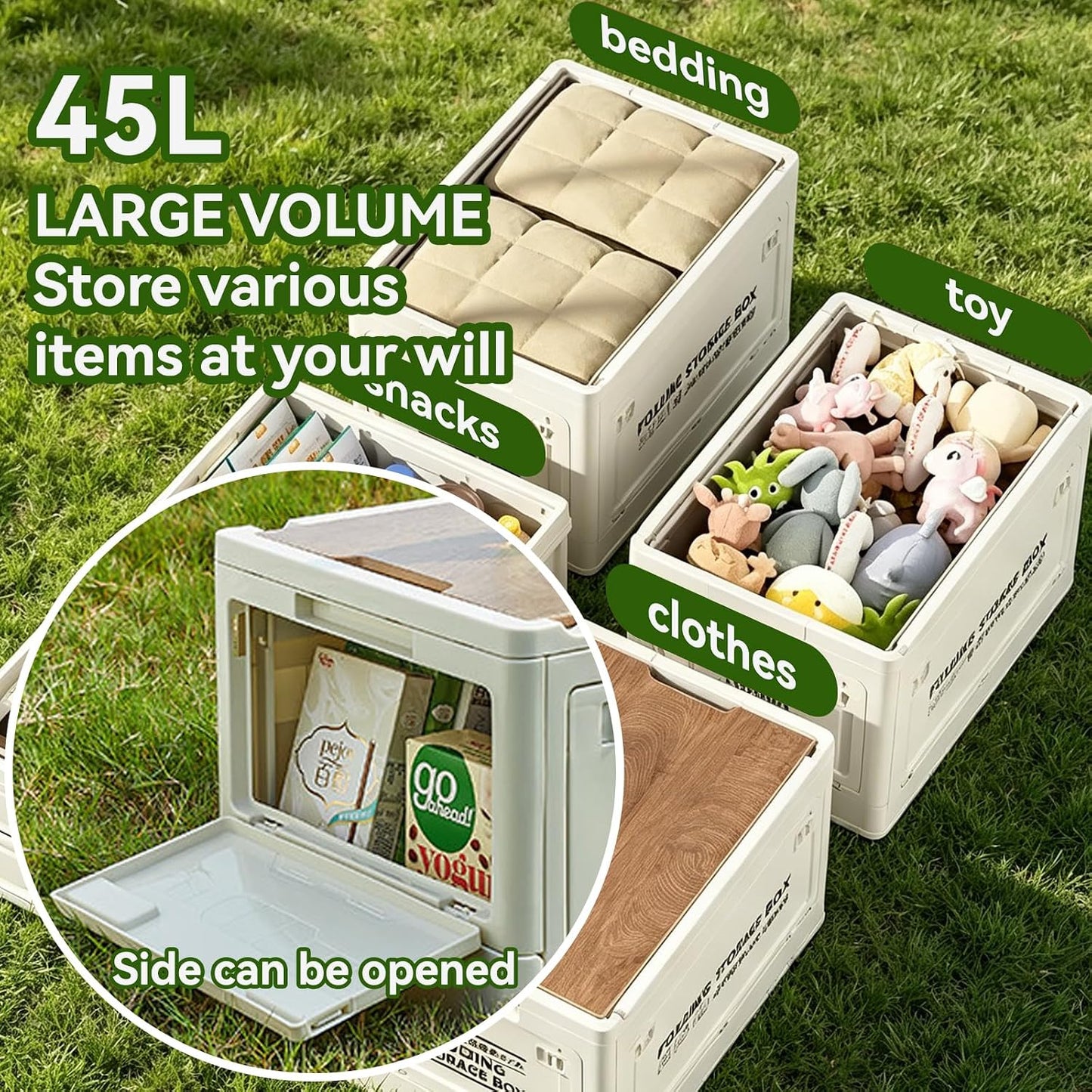 24L Collapsible Storage Bins with Wood-Look Lids, Stackable Utility Storage Containers with Wheels and Handles, Large Folding Storage Boxes for Organizing Tools, Snacks, Books, Drinks, Camping