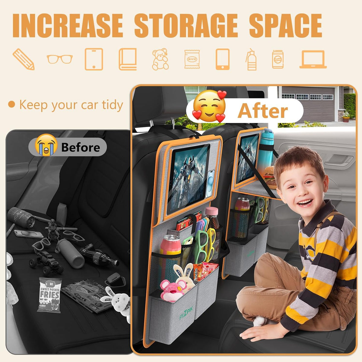 Plzpik Car Backseat Organizer with Tablet Holder,11 Storage Pockets with Foldable Food Tray, Protector Kick Mats for Kids, Travel Accessories Organizer (Orange, 2Pack)