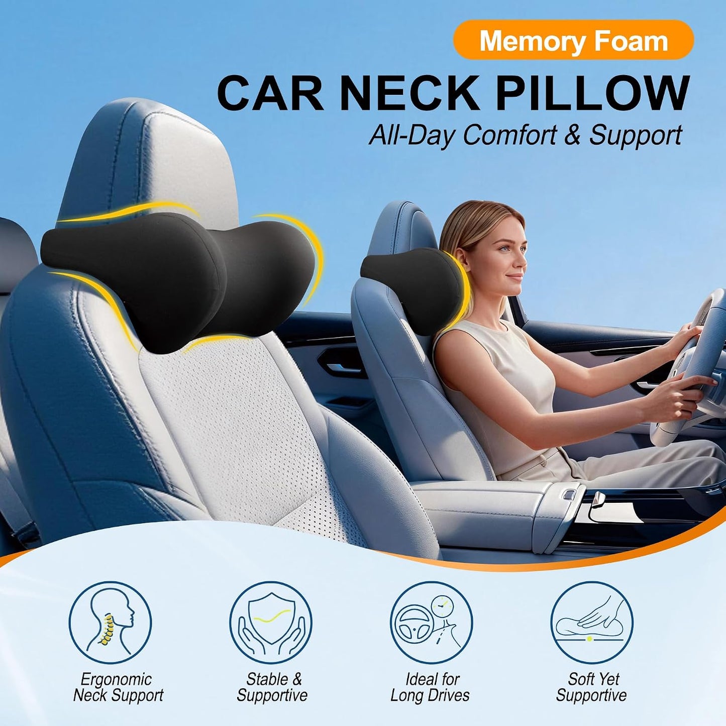 Allaboutsla 2-Pack Car Neck Pillow, Car Headrest Pillow for Neck Support | Memory Foam Car Neck Pillow for Driving with Neck Support, Adjustable Strap, Head Rest Pillow for Long Drives, Trucks, Black