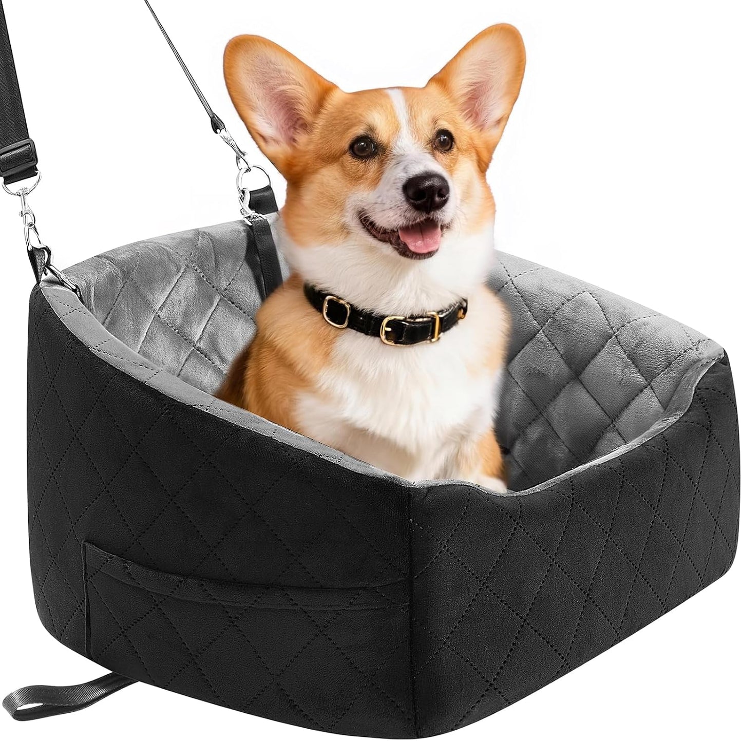 Dog Car Seat for Small Dogs Up to 30 Lbs, Pet Travel Safety Bed for Puppy Cat, Fits in Front/Back Seat, Anti Slip Base, Fully Detachable Washable with 2 Safety Tether(Grey-Black)