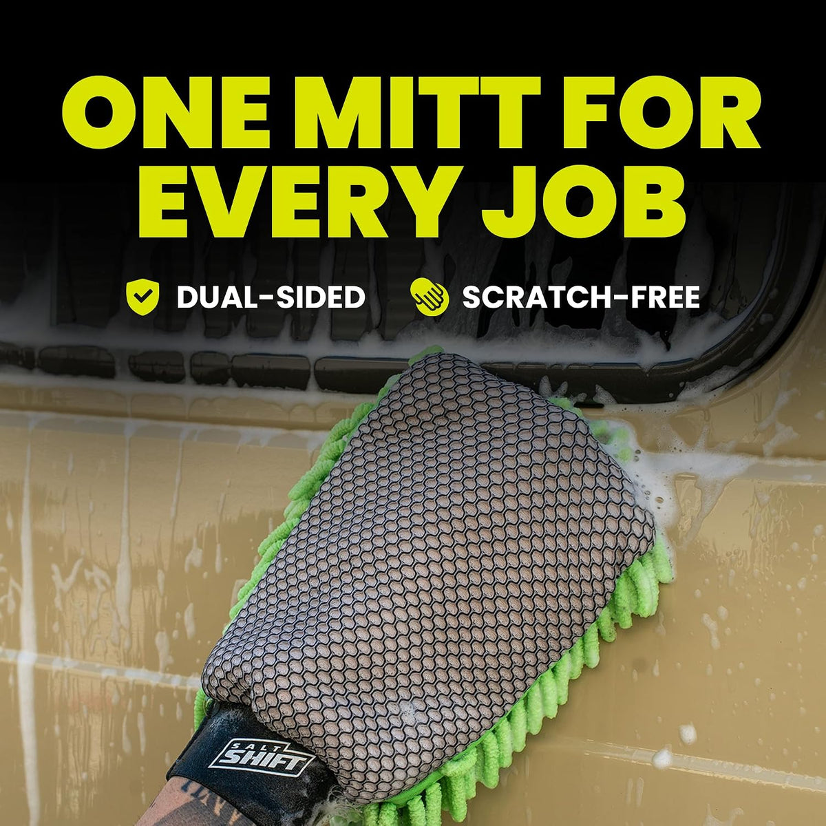 2-in-1 Wash Mitt - Microfiber Car Washing with Dual-Sided Design Mesh Bug Remover, Chenille Scratch-Free Microfiber Noodles, Boat, Glass, House or Car Wash Glove, High Water Retention