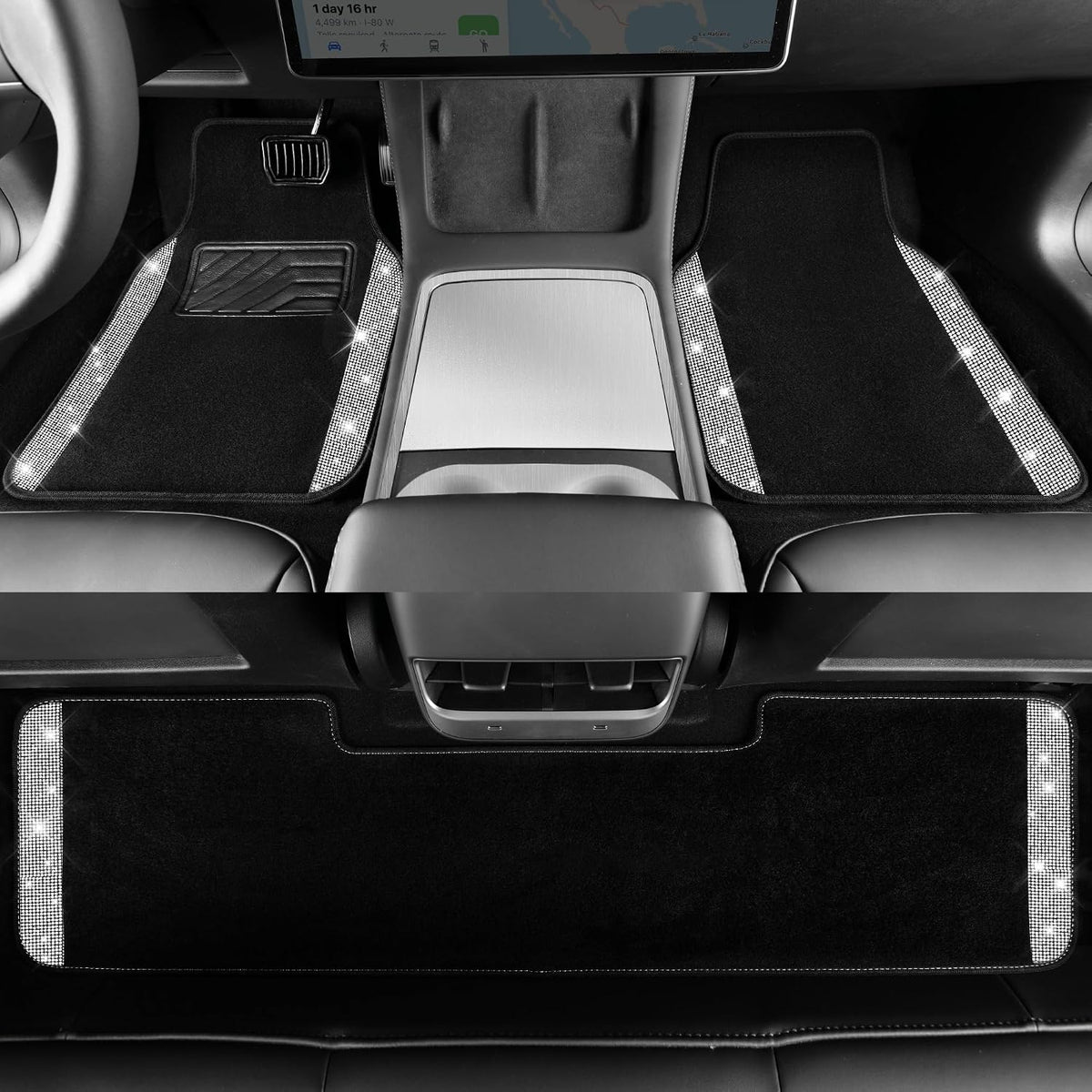 CAR PASS Bling Diamond Car Mats Shining Carpet Crystal Rhinestones Sparkly Glitter Floor Mats with Anti-Slip PVC Heel Pad Universal for Automotive SUV, Sedan, Van, 3pcs for Girl Women, Black Silver