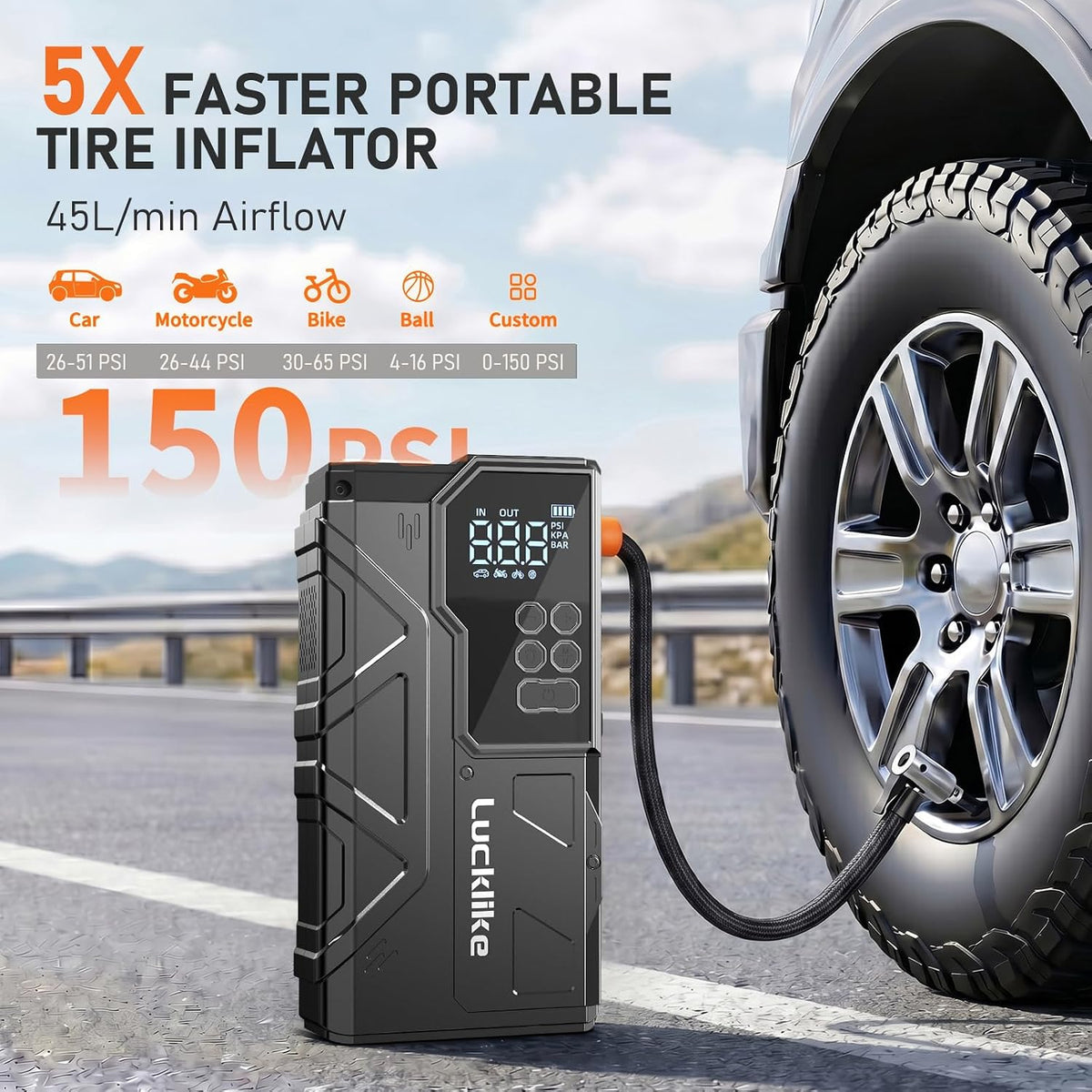 8000A Jump Starter with Air Compressor, 150PSI Auto-Shutoff Tire Inflator