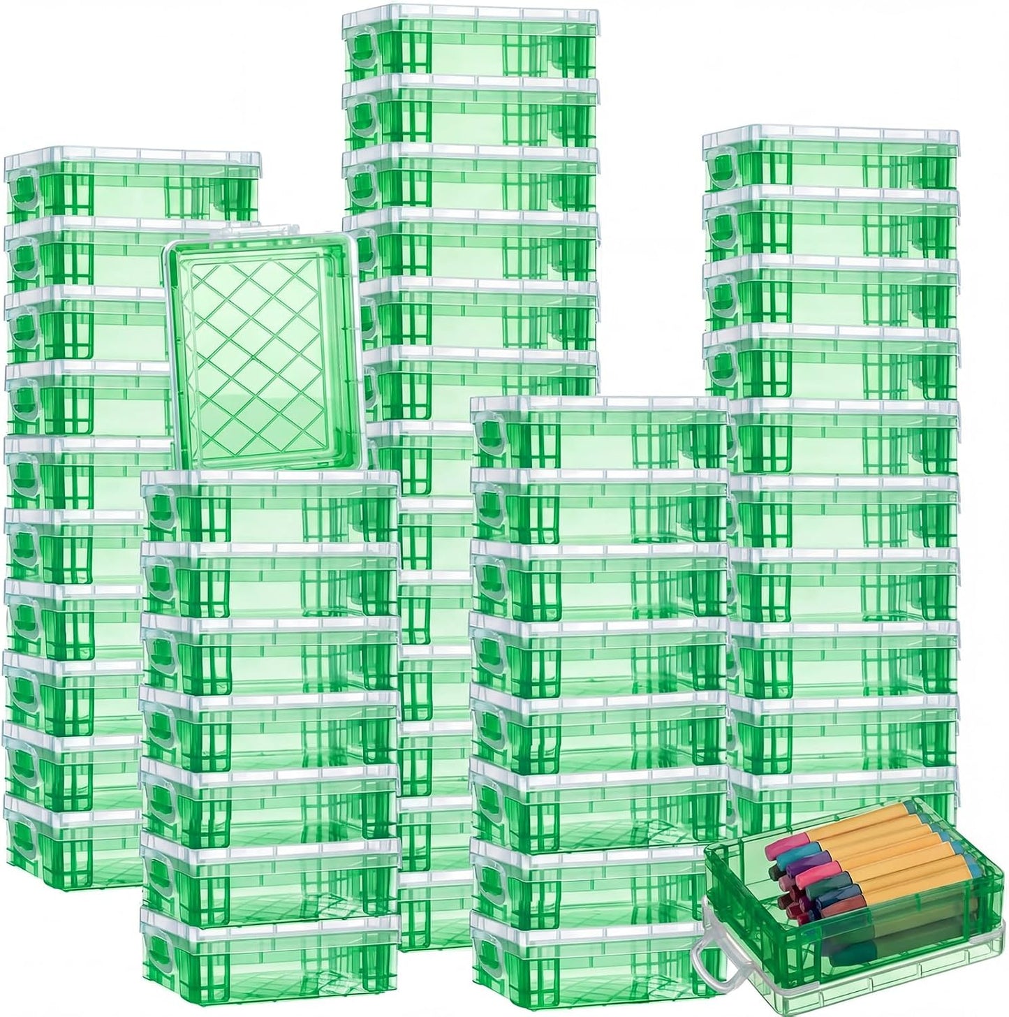 Suzile 50 Pcs Plastic Crayon Box with Lid 4.8 x 3.4 x 1.6 In Crayon Storage Containers Bulk for Office School Classroom Supplies Pen Pencil Art Crafts (Green)