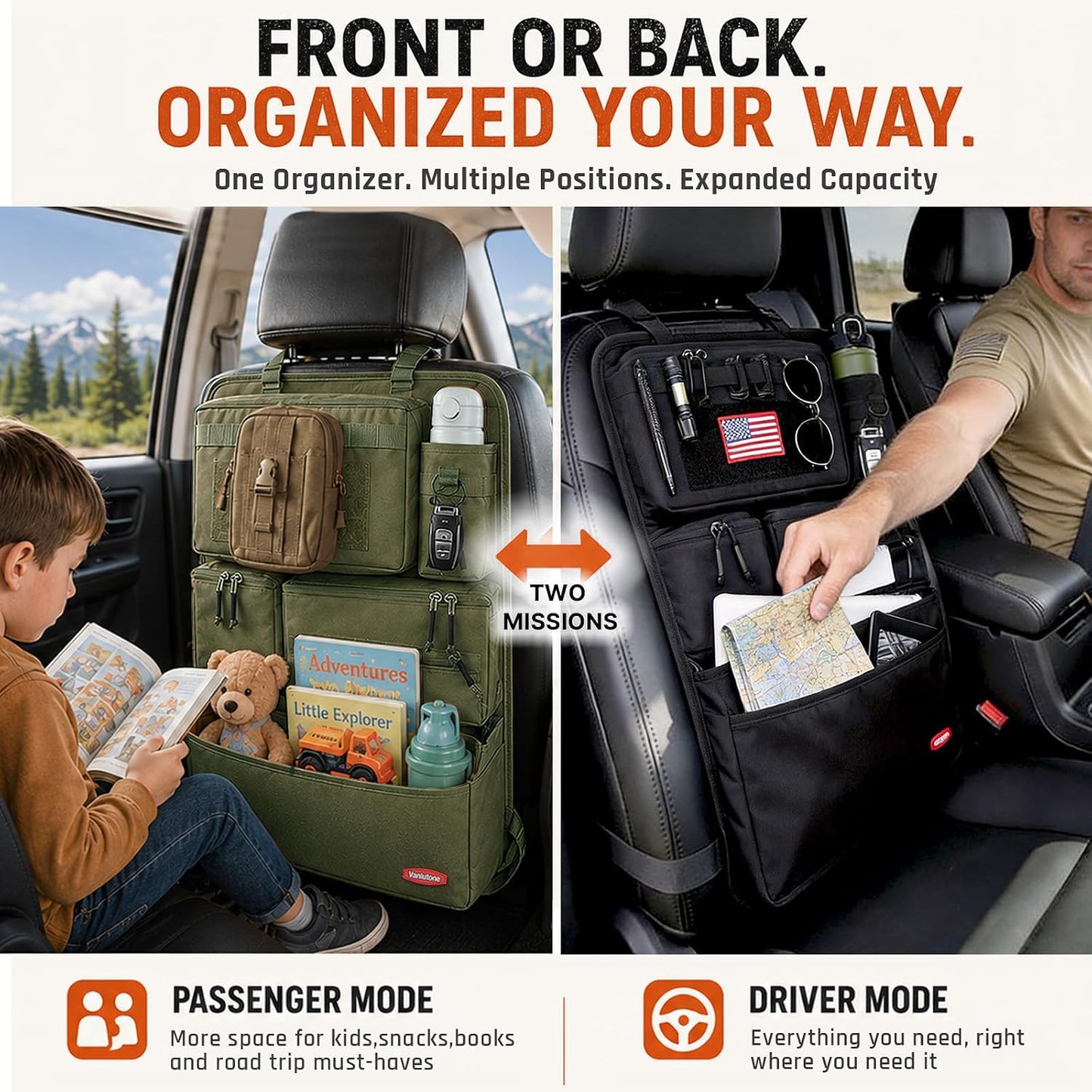 Tactical Seat Back Organizer Heavy Duty MOLLE Panel Organizer with Multiple Pockets & Hook Loop Panel for Road Trip Essentials, Universal Fit for Car SUV Truck Jeep (Army Green)
