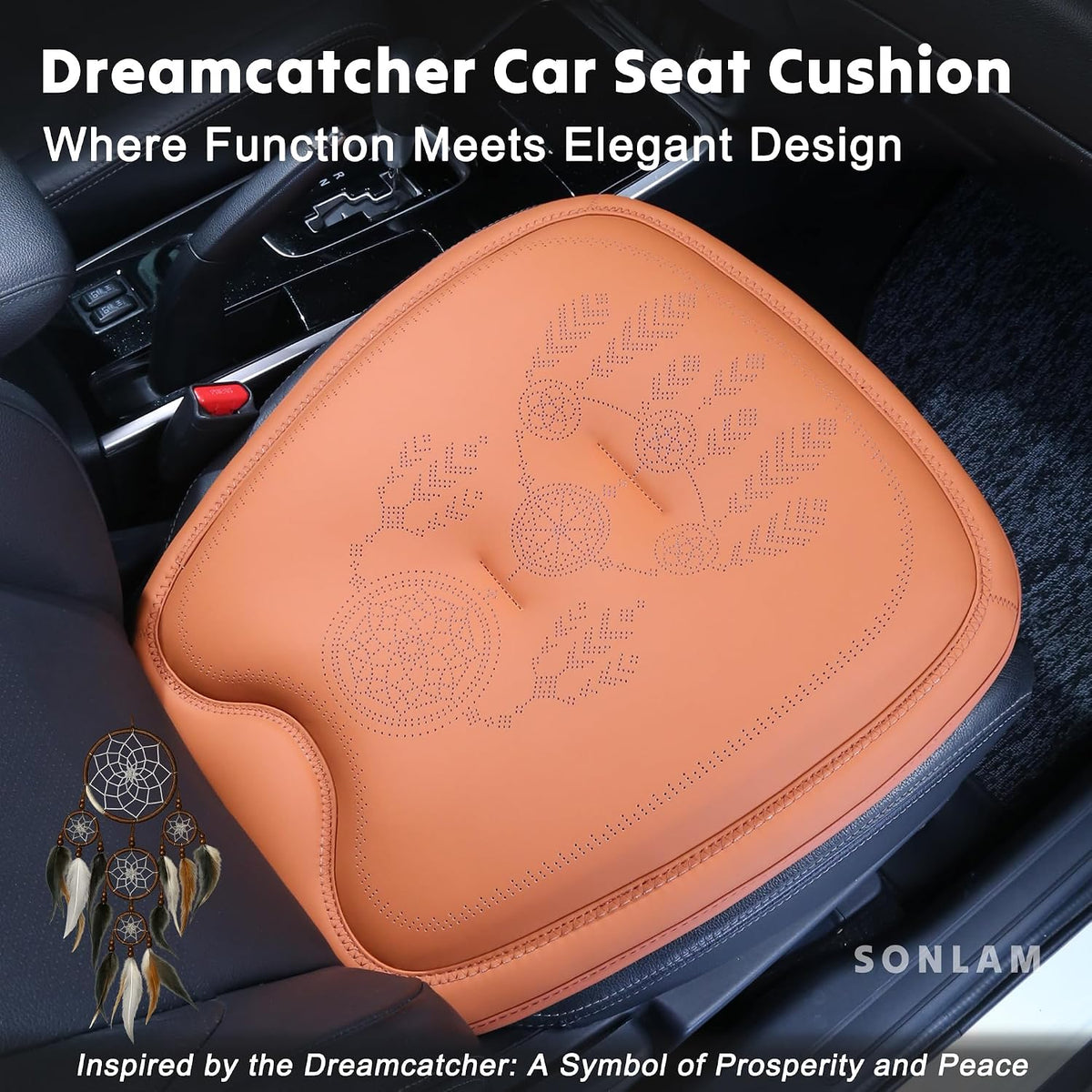 Comfort Dreamcatcher Car Seat Cushion Non-Slip - Relaxing, Optimal Support & Posture for Long Drive (Front Seats (Cognac Brown))