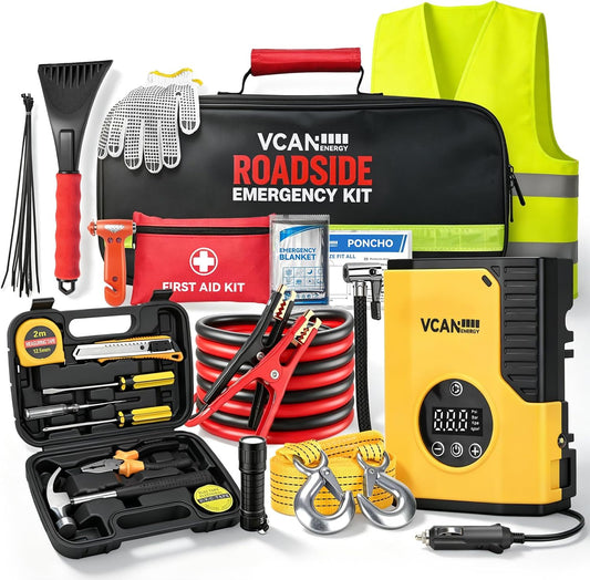 Car Emergency Safety Kit Bag with Portable Air Compressor & Jumper Cables