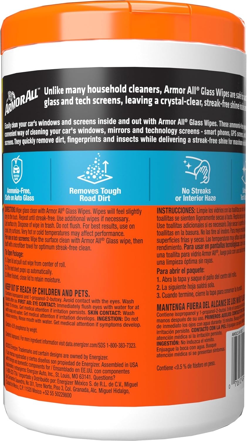 Armor All Car Glass Wipes, Auto Glass Cleaner, 90 Count | Ammonia-free window cleaner wipes safe on tinted glass; remove filmy residue, fingerprints, and bugs