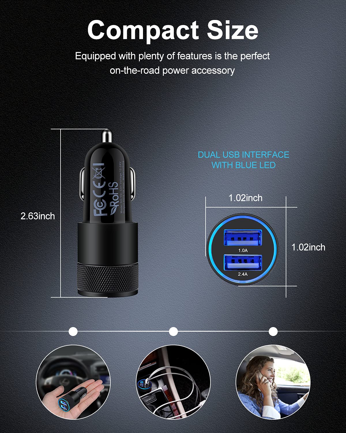 [5pcs] Car Charger Adapter, USB Multi Port Cigarette Lighter Fast Charging