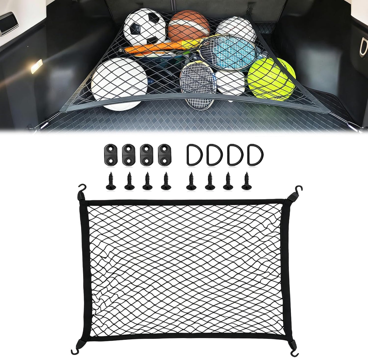 Highly Elastic Cargo Net for SUV Rear Trunk, Stretchable Storage Organizer Net for Car, Mesh Organizer 23.62" x 31.49" Stretch to 47"x 63" w/D-Rings Luggage, Fixing Hooks