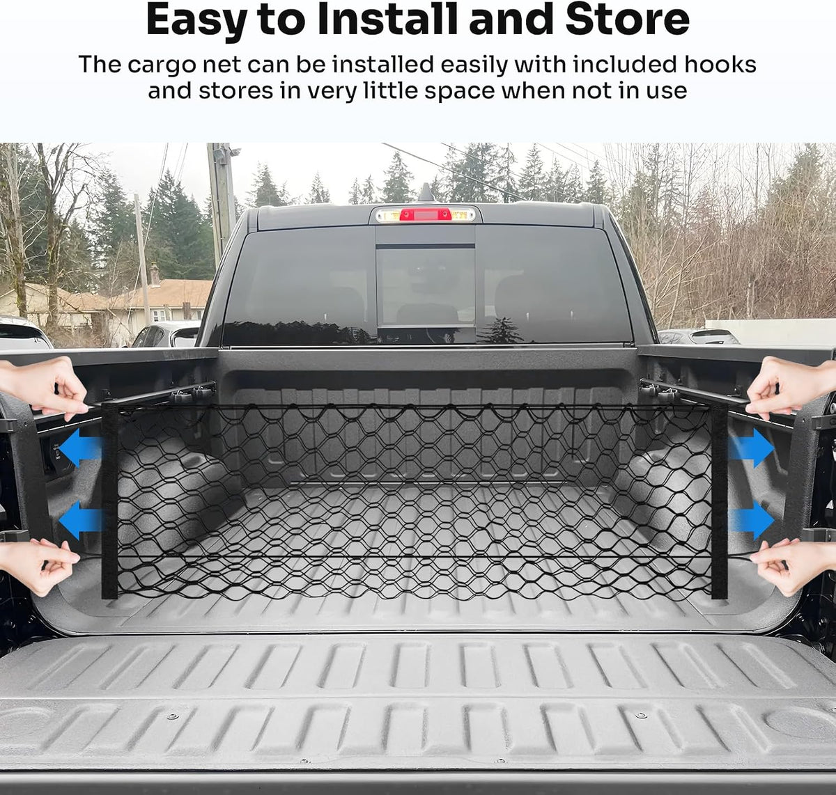 Canvcle Truck Bed Cargo Net for 2019-2025 2026 Dodge Ram 1500 Accessories Envelope Style Mesh Trunk Net Organizer and Storage Stretchable Adjustable Elastic Nylon Rear Cargo Netting with Hooks