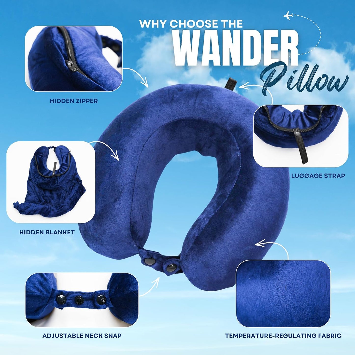 Travel Pillow with Built-In Blanket Memory Foam Neck Pillow for Airplane Travel, Flight Pillow with Blanket Portable Airplane Pillow for Adults Compact Travel Neck-Pillow for Plane, Car & Long Flights
