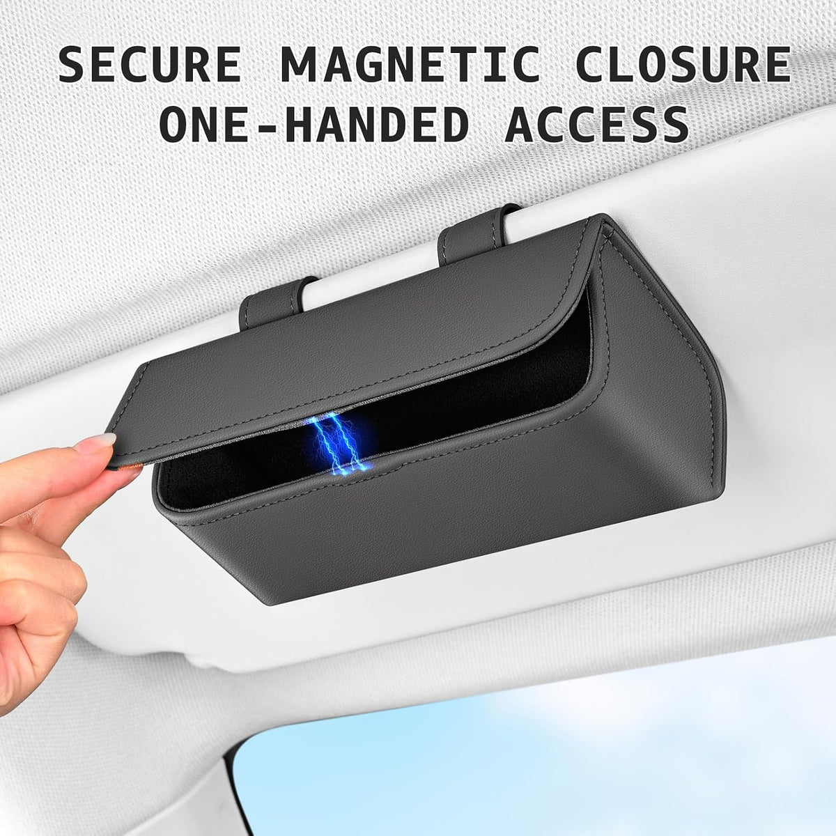 Magnetic Sunglasses Holder for Car Visor, PU Leather Clip, Black