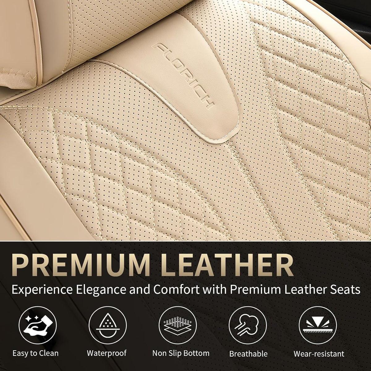 FLORICH Front Seat Covers, Leather Car Seat Covers Luxury Automotive Seat Covers Waterproof Car Seat Protectors Universal Fit for Most Cars SUV Trucks Vehicles, Beige