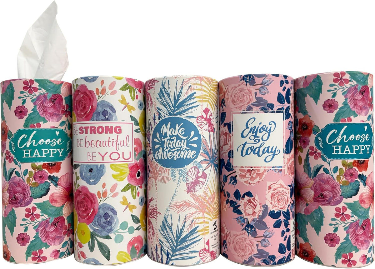 5-Pack Car Tissue Holder (4PK + 1 Lucky Color PK),Car Tissues Cylinder, Cute Floral Design & Positive Quotes | Compact, Super Absorbent 3-Ply Tissues for Car Cup Holders