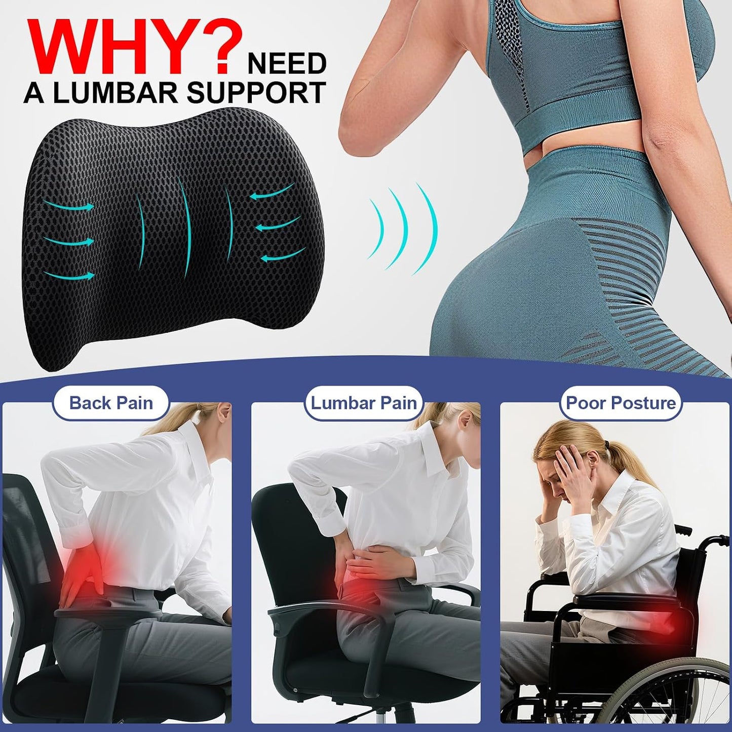 BYMECOST Lumbar Support Pillow for Car, Memory Foam Car Seat Back Support Pillow for Driving, Back Cushion with Strap for Pain Relief, Ergonomic Back Cushion for Office Chair, Wheelchair (Black)