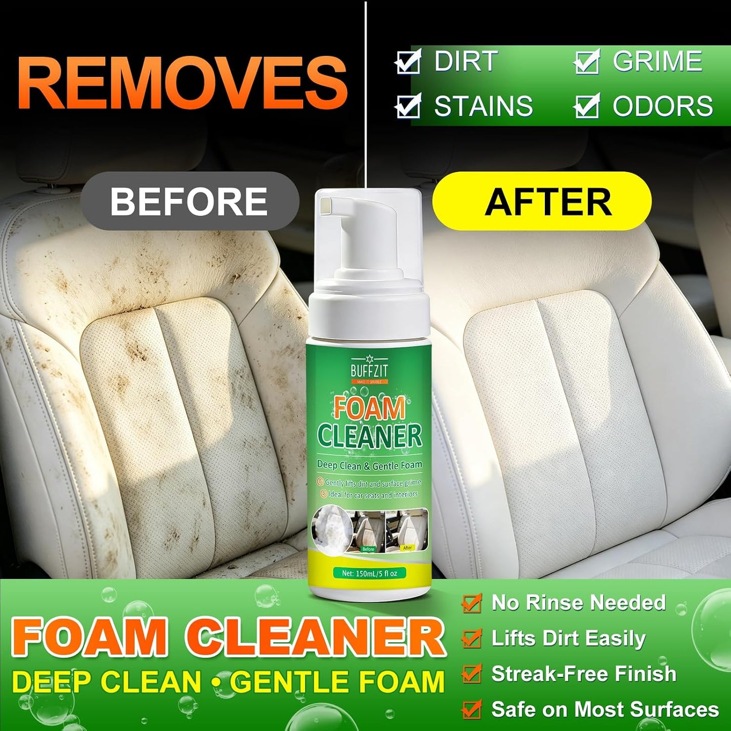 Car Interior Foam Cleaner Kit, Multifunctional Auto Detailing Cleaner with Brush & Towel, Deep Clean Car Seats, Carpet, Upholstery & Dashboard, Safe for Leather, Fabric, Vinyl & Plastic, 5oz