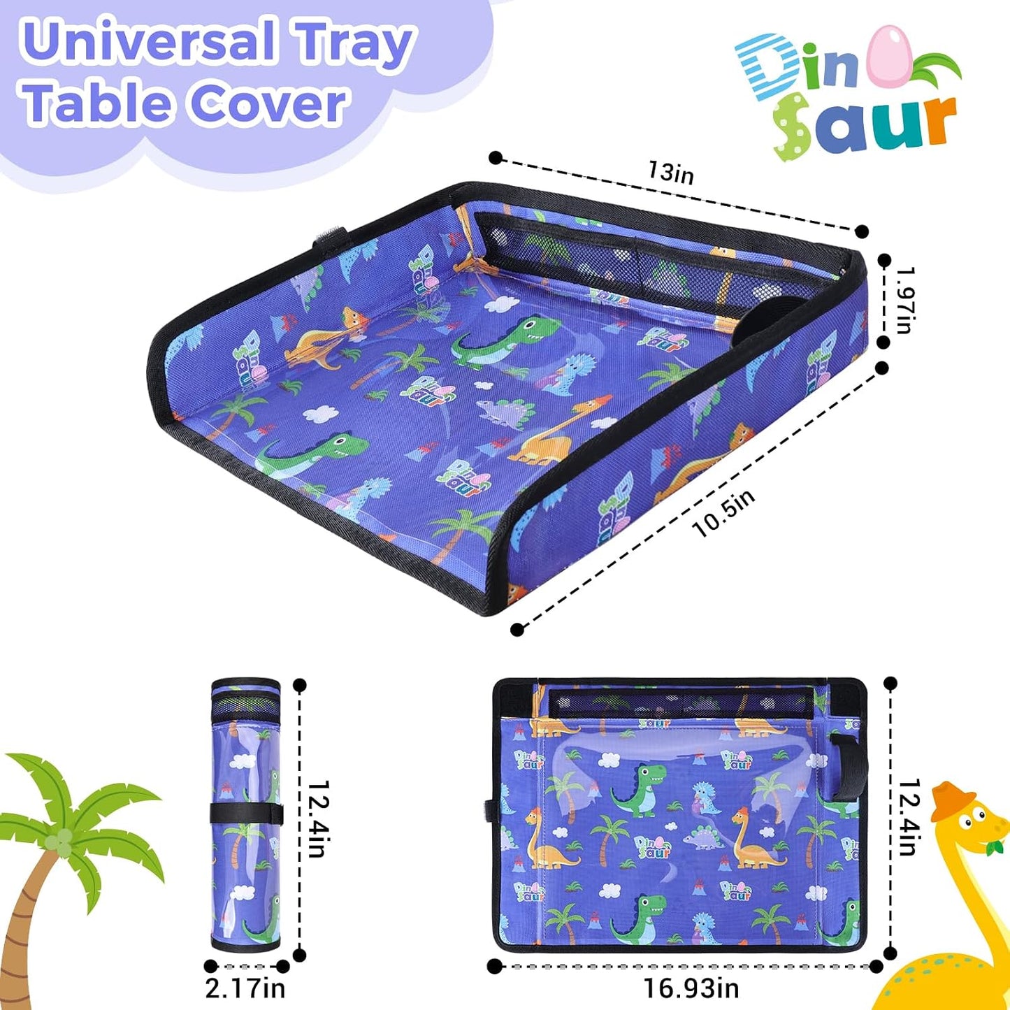 COOLBEBE Airplane Tray Table Cover, Foldable Travel Tray Cover for Toddlers 1-3, Universal Fit for Airplane, Car Seat, High Chair, Machine Washable, Portable, Blue Dinosaur