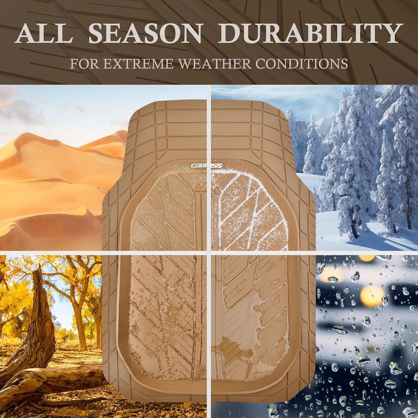 CAR PASS Tire Tread DeepDish Rubber Floor Mats for car Heavy Duty car mats All Weather, Universal XL~M Trim to Fit for Truck SUV Vehicle Automotive, Waterproof car mats 3 piece Solid Beige