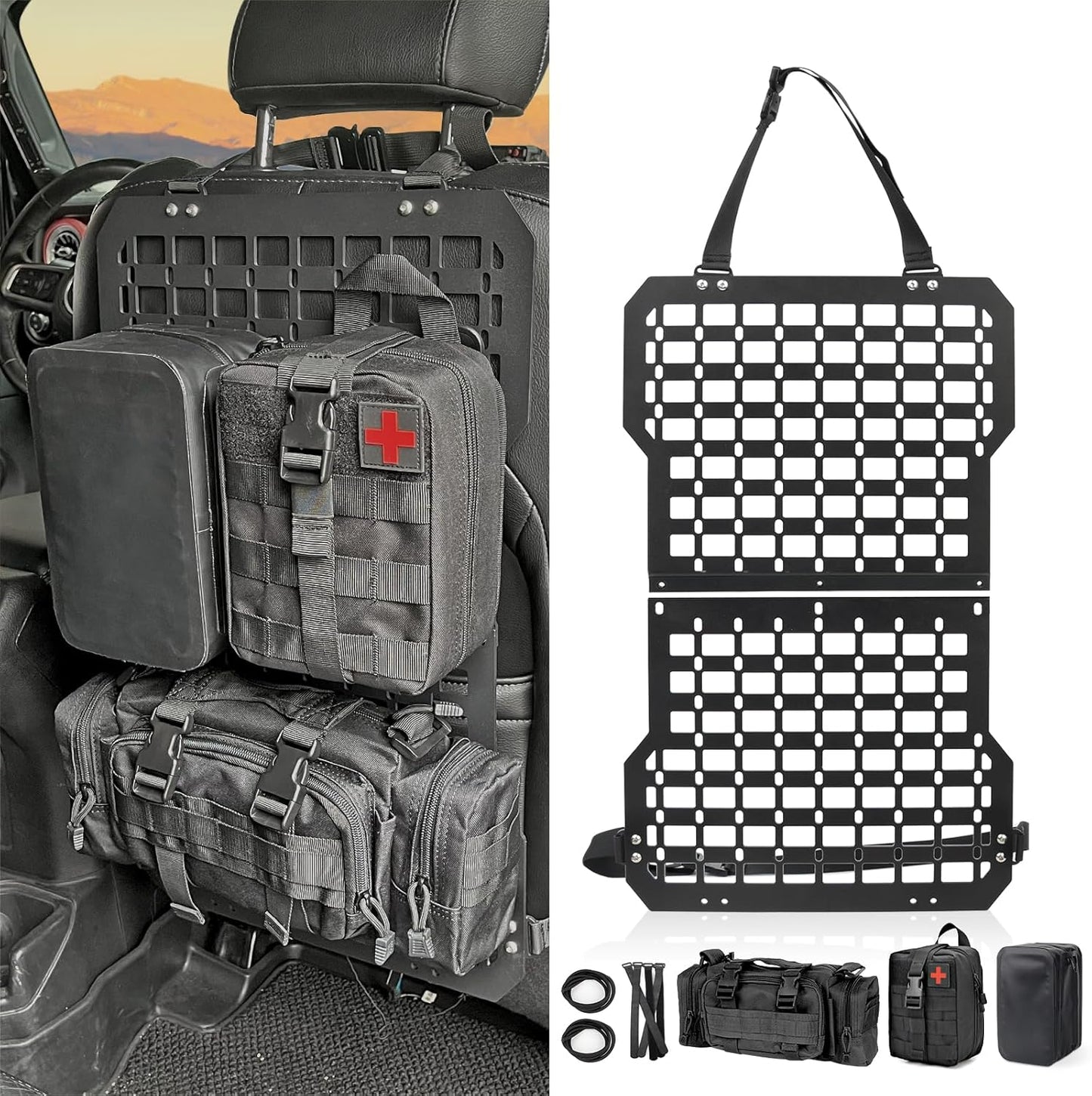 Tactical Truck Organizer with MOLLE Panel and 3 Storage Bags - Modular Tailgate Panel Vehicle Seat Cover
