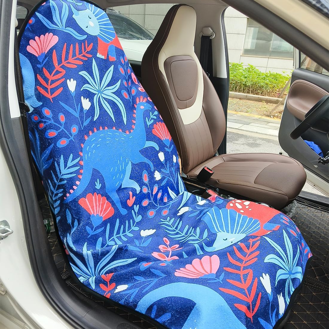 Waterproof Sweating Car Seat Cover for Post Gym Workout, Running, Swimming, Beach and Hiking, Universal Fit Non-Slip Bucket Seat Protector for Cars SUV Trucks, Machine Washable (Dinosaur)