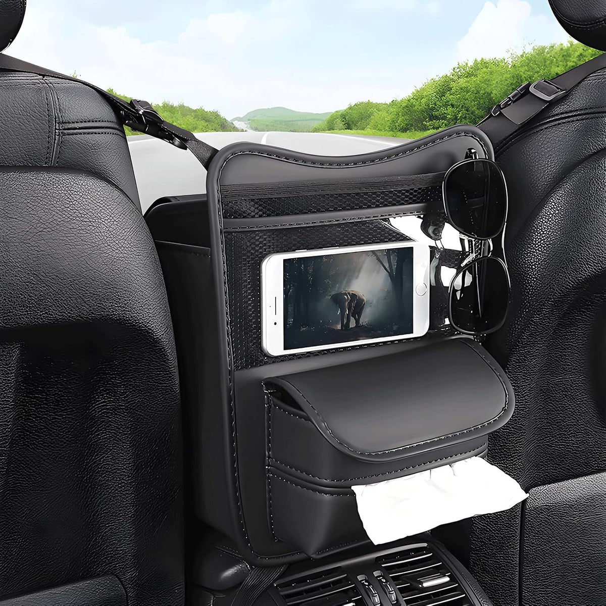 Car Organizer Storage Between Seats, Premium Leather Car Storage Bag Pocket Handbags Purse Holder with Tissue Box, Touch Screen Phone Holder, Console Front Seat Storage Barrier (Black)