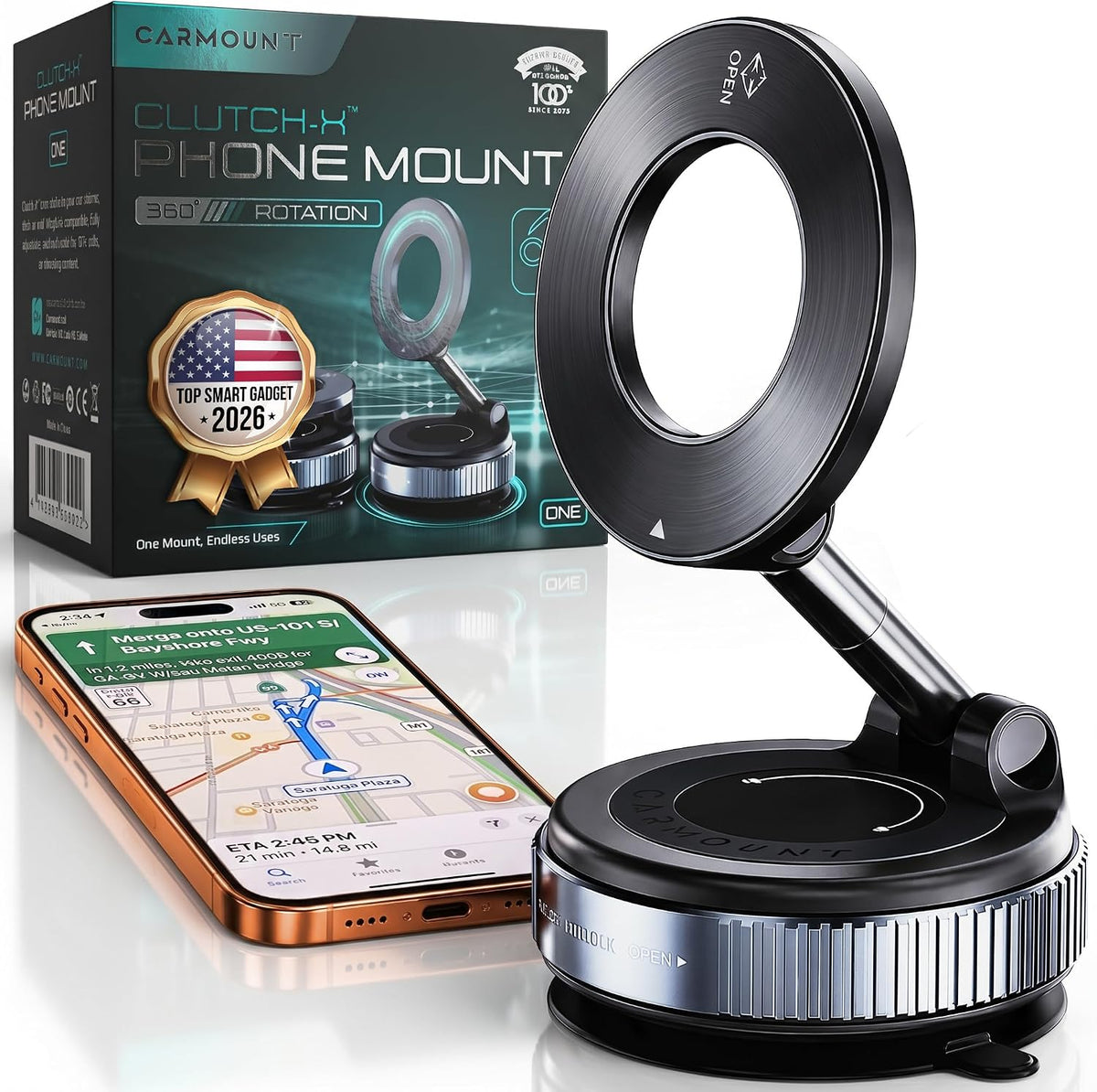 CARMOUNT Clutch-X™ Black – Vacuum Phone Mount Suction Cup Car Phone Holder for iPhone, Window Phone Mount for Travel, 360° Vacuum Magnetic Phone Holder for Car, Magnetic Phone Holder with Suction Cup