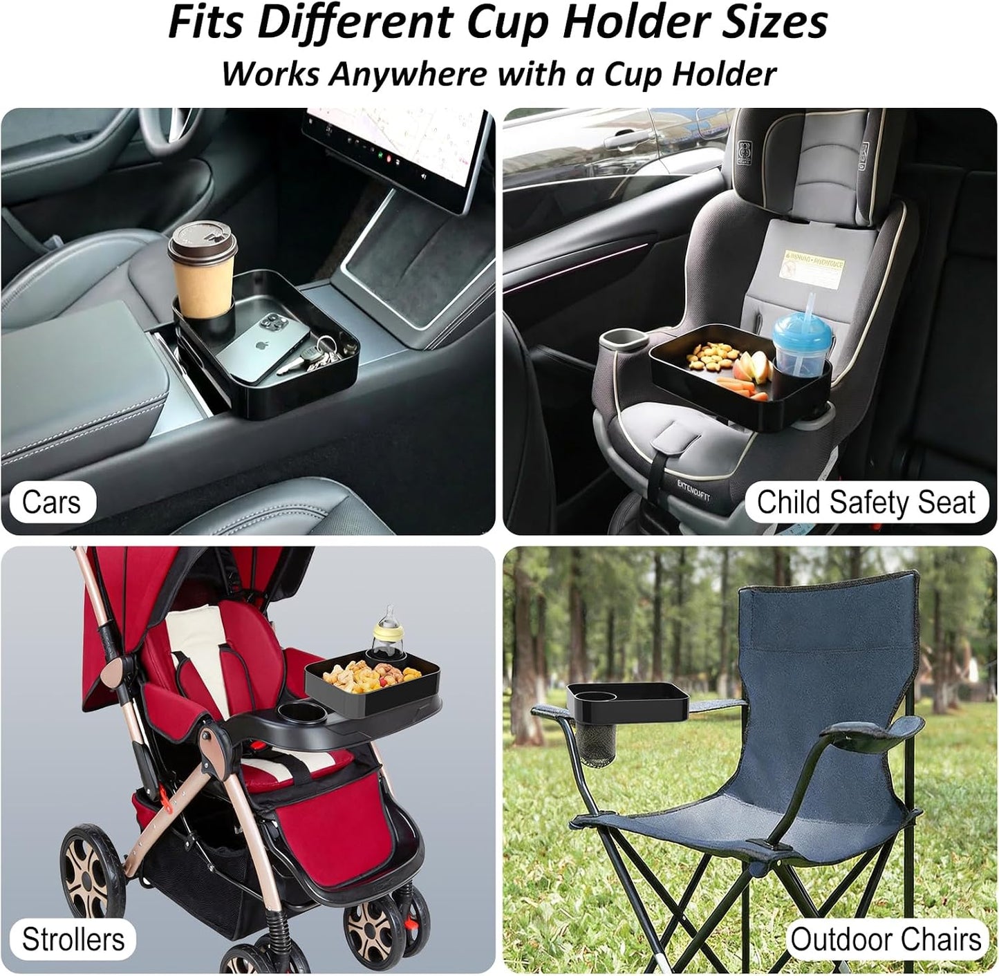Car Seat Snack Tray for Kids, Mess-Free Square Travel Tray Cup Holder Snack Tray, Durable Car Food Tray for Toddlers, Fit Kids Travel Road Trip Essentials (1, Black)